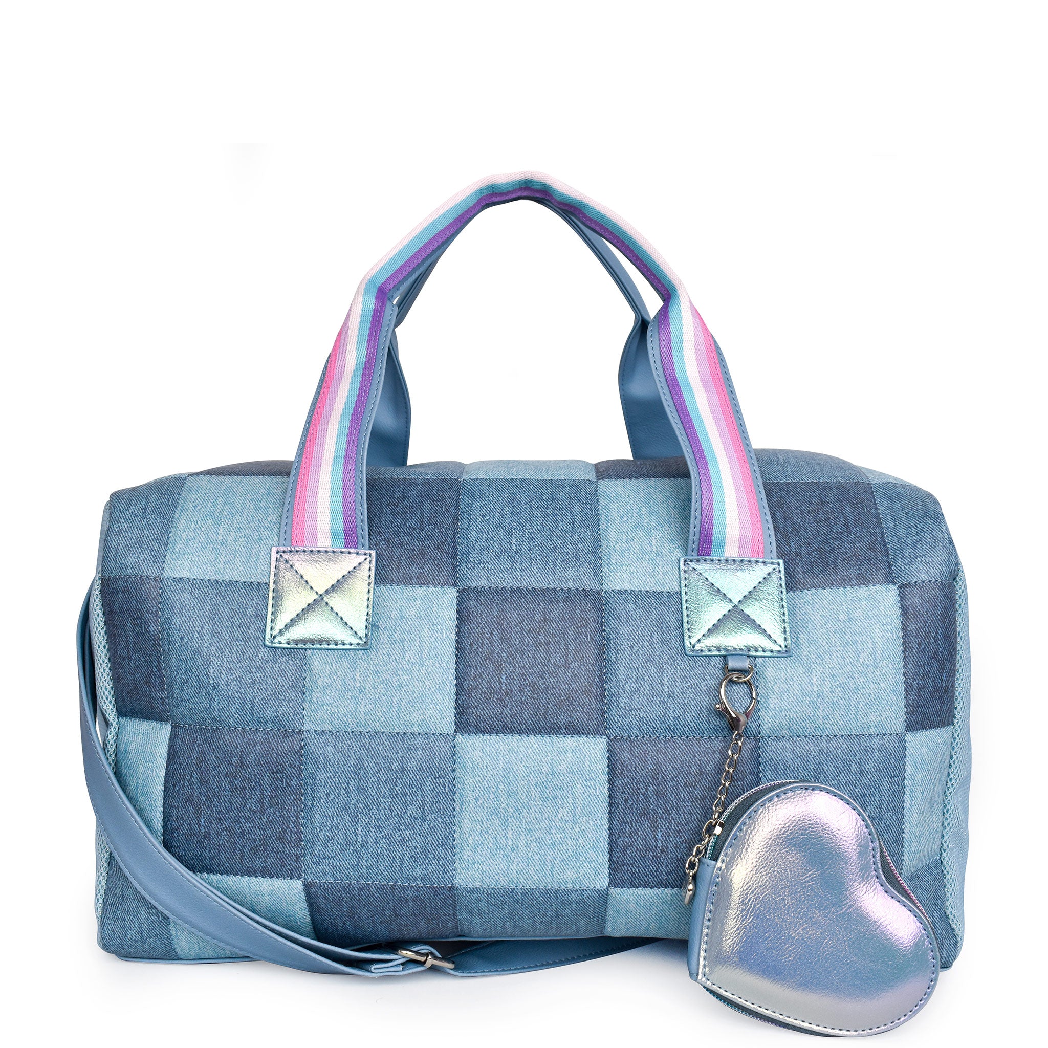 Front view of a  denim patchwork checkerboard large duffle bag with a metallic heart shaped coin purse keychain 