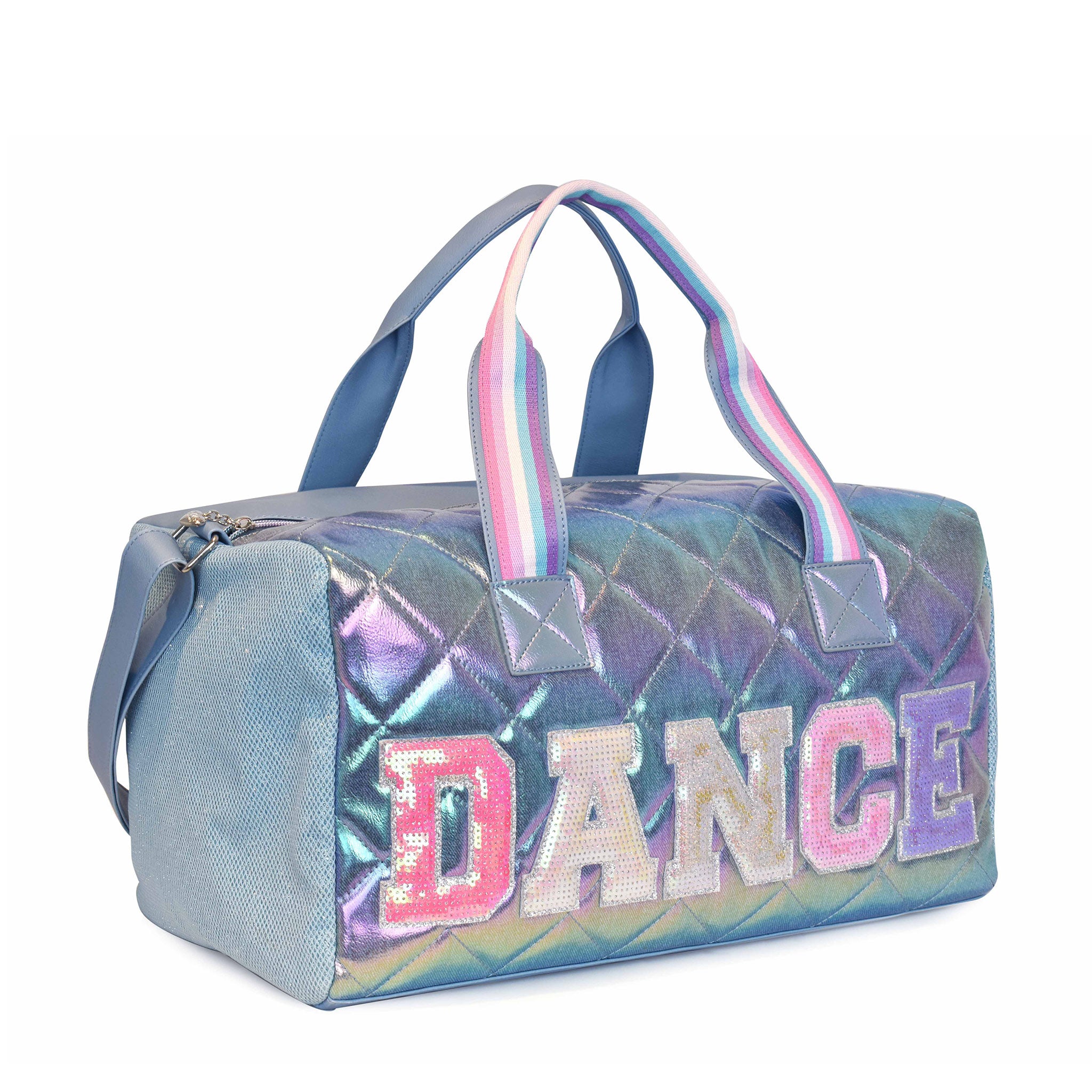 Side view of a large blue metallic quilted duffle bag with sequin varsity letters 'DANCE' applique