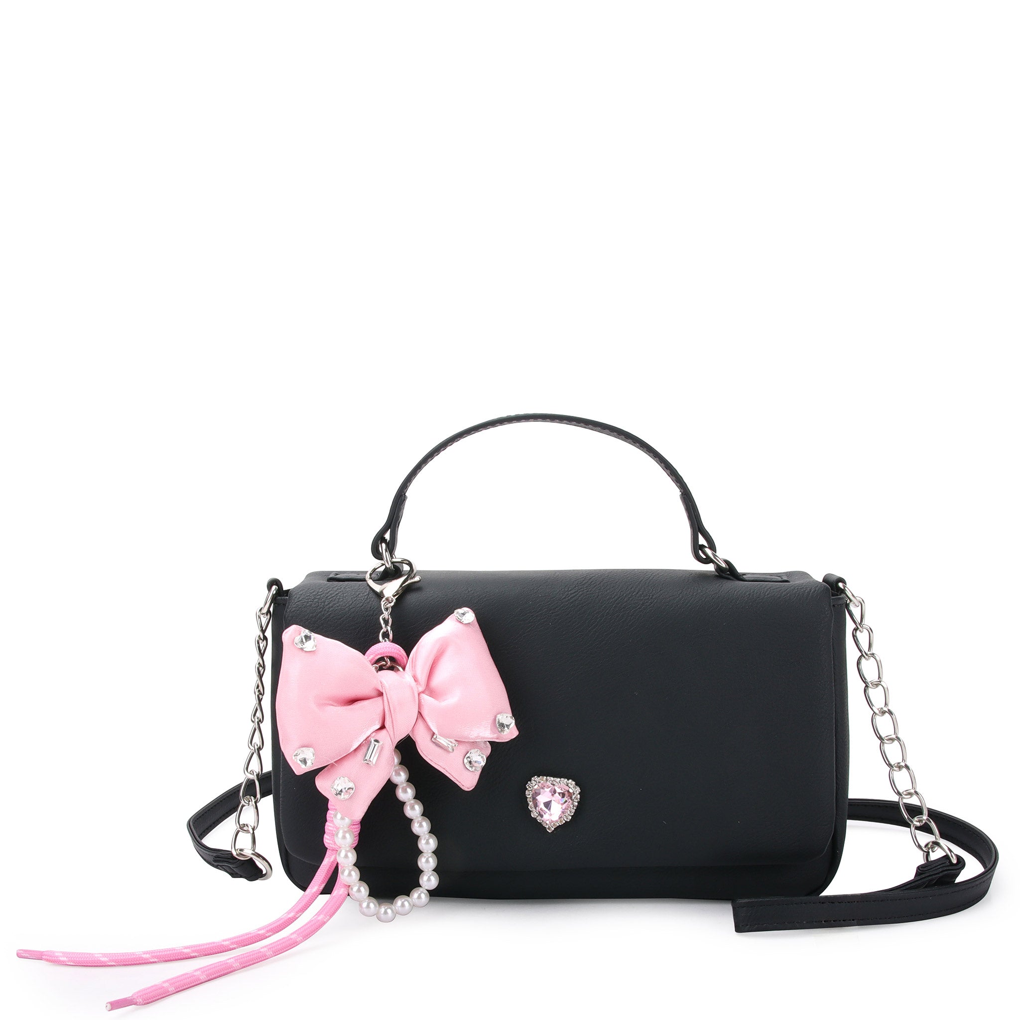Front view of a black flap front rectangle crossbody bag with a detachable pink
bow charm