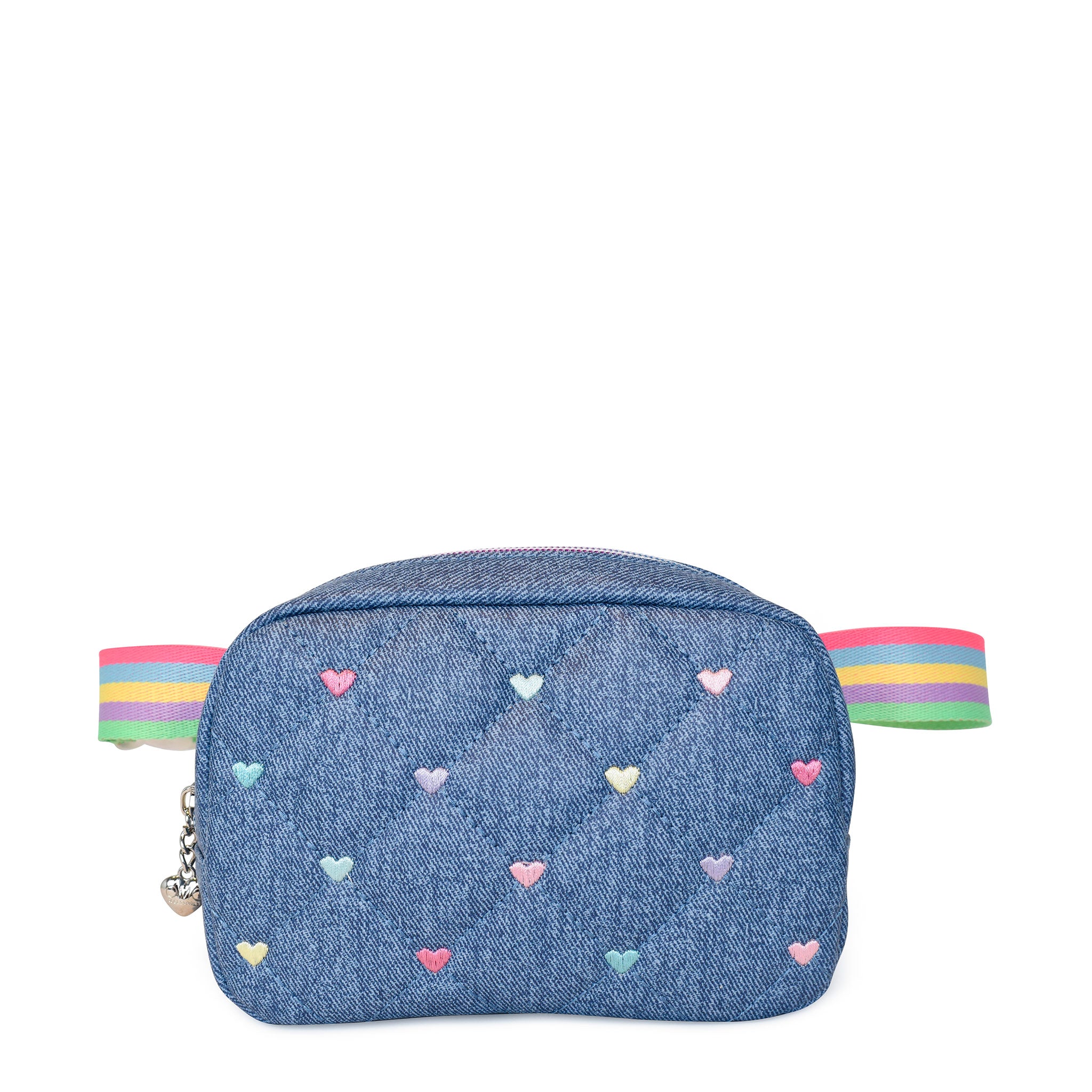 Front view of a denim quilted fanny pack with embroidered hearts 