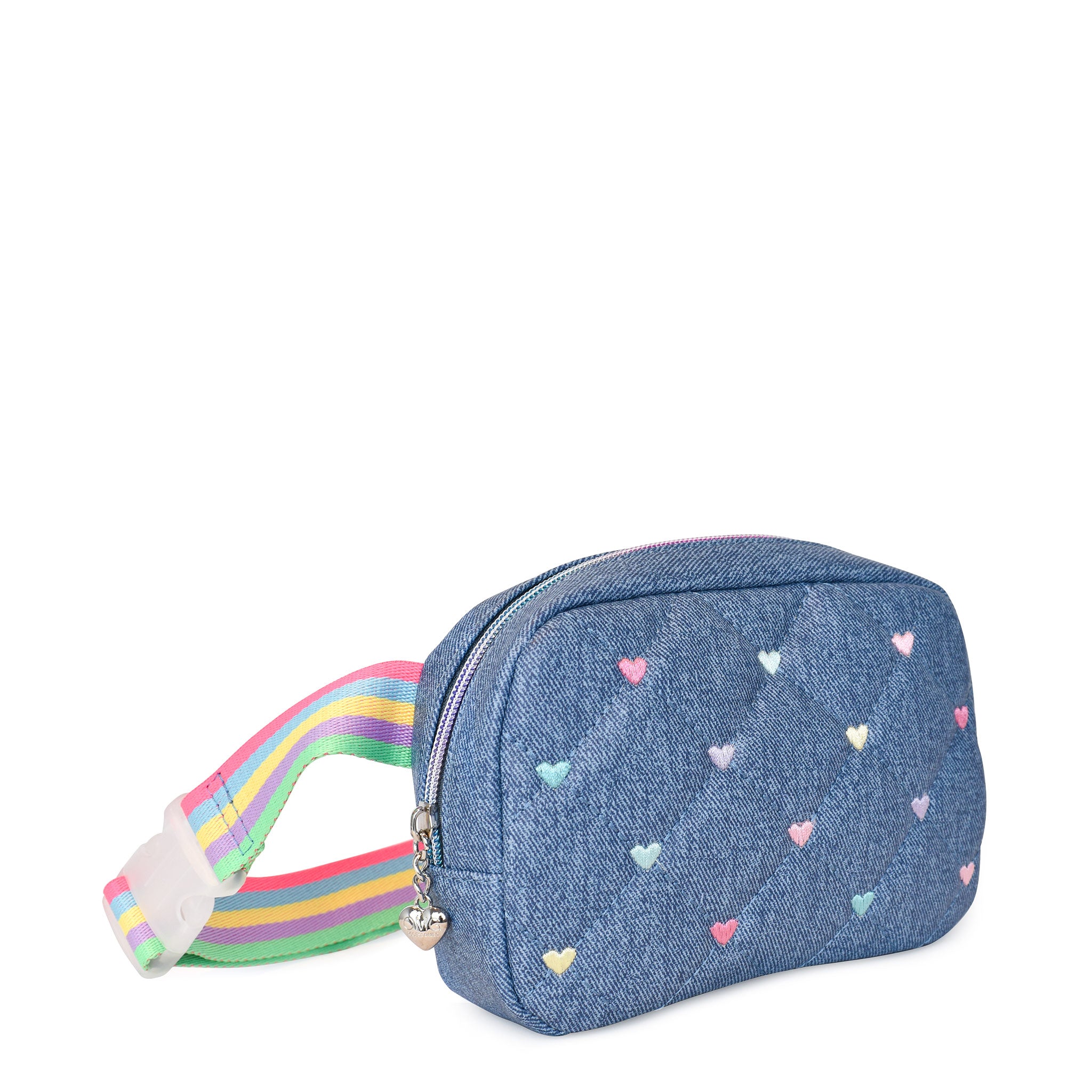 Side view of a denim quilted fanny pack with embroidered hearts