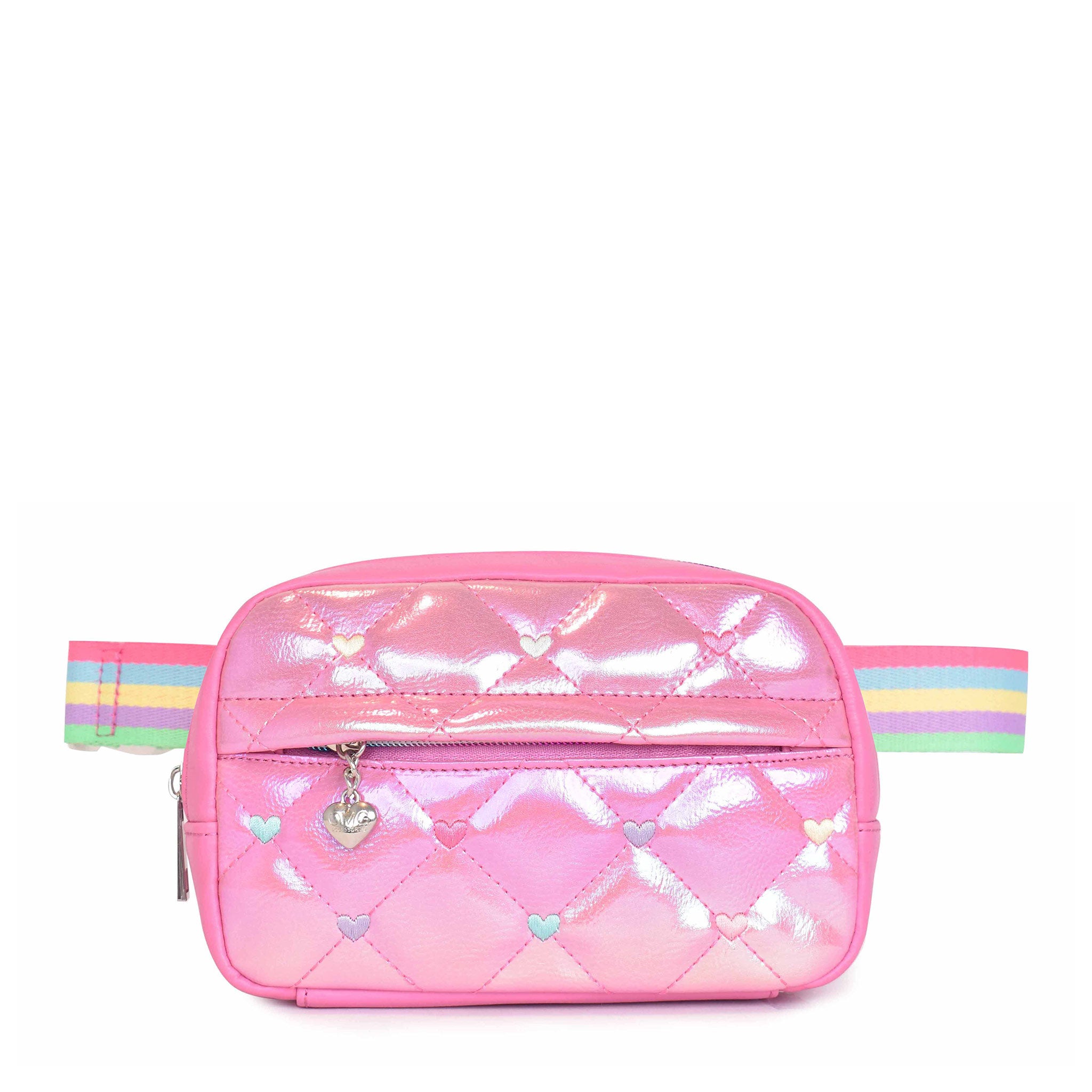 Front view of a metallic quilted hearts fanny pack with front zipper compartment 