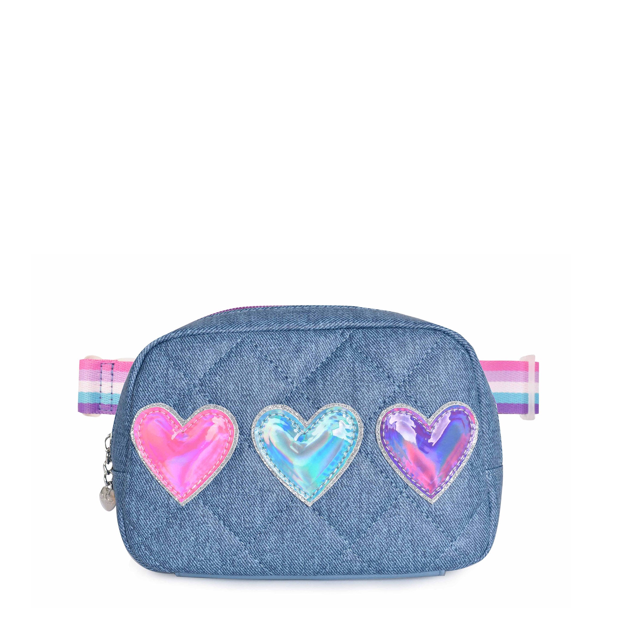 Front view of a denim quilted fanny pack with three metallic heart appliques