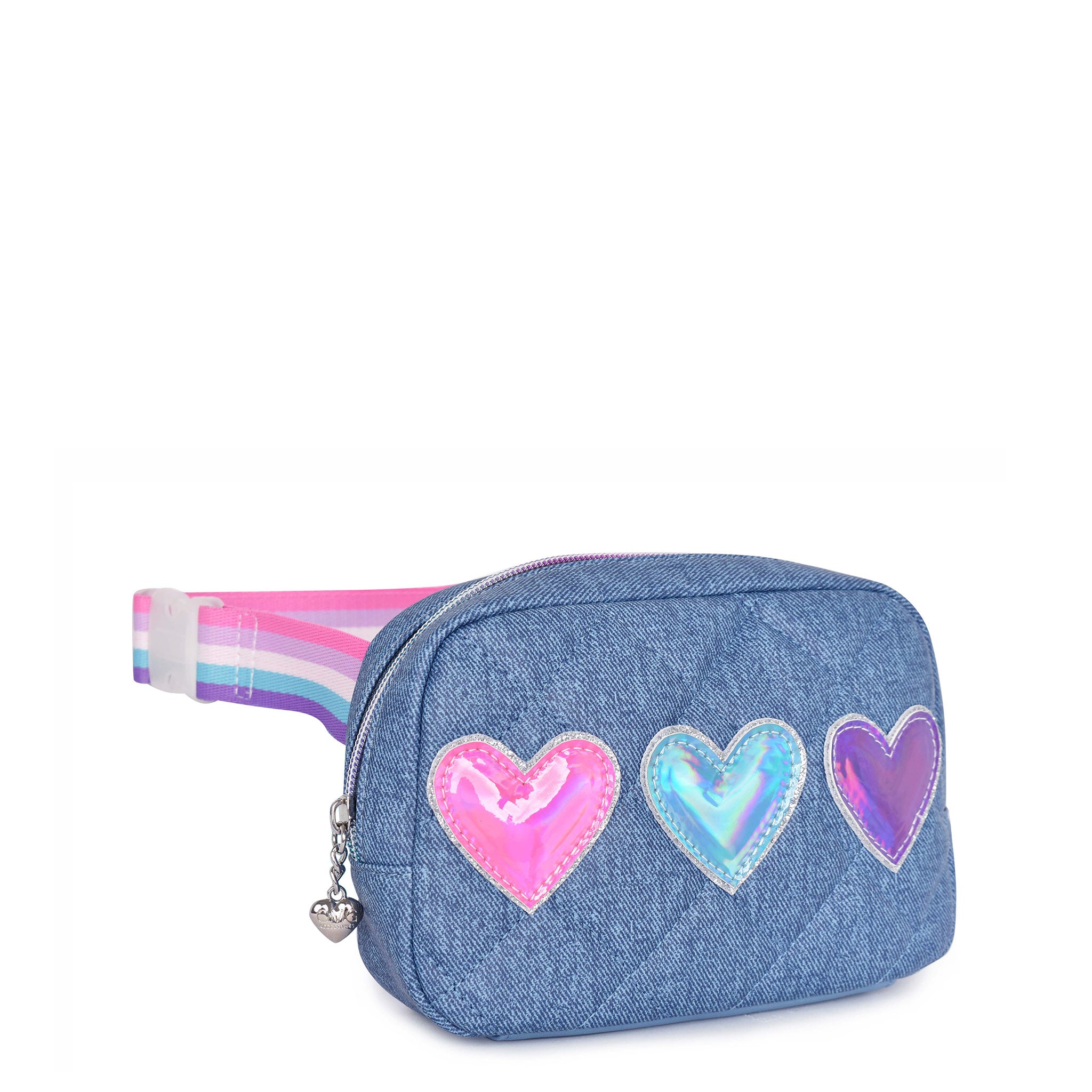 Side view of a denim quilted fanny pack with three metallic heart appliques