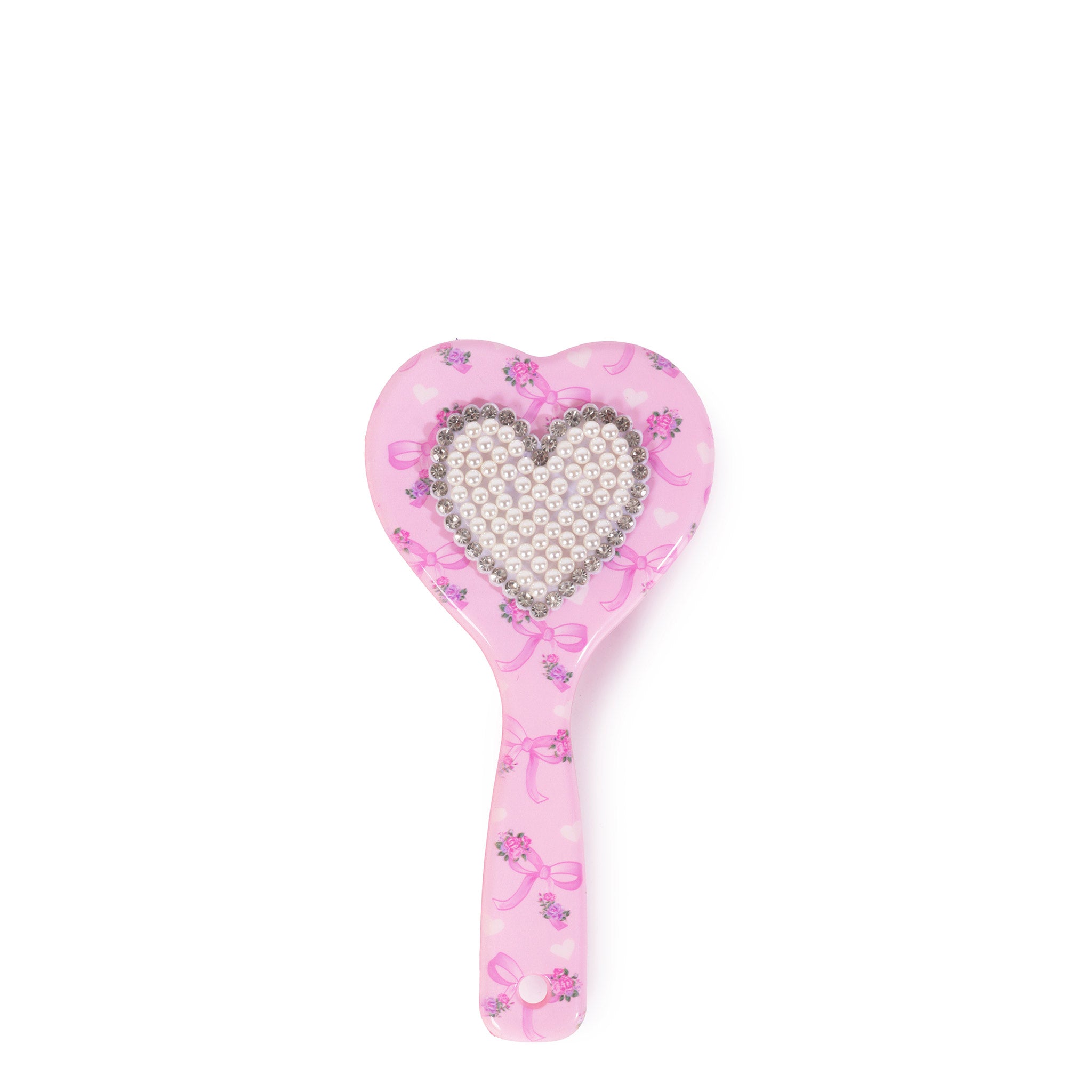Bow Floral Printed Pink Heart Shaped Hair brush, with a beaded heart patch