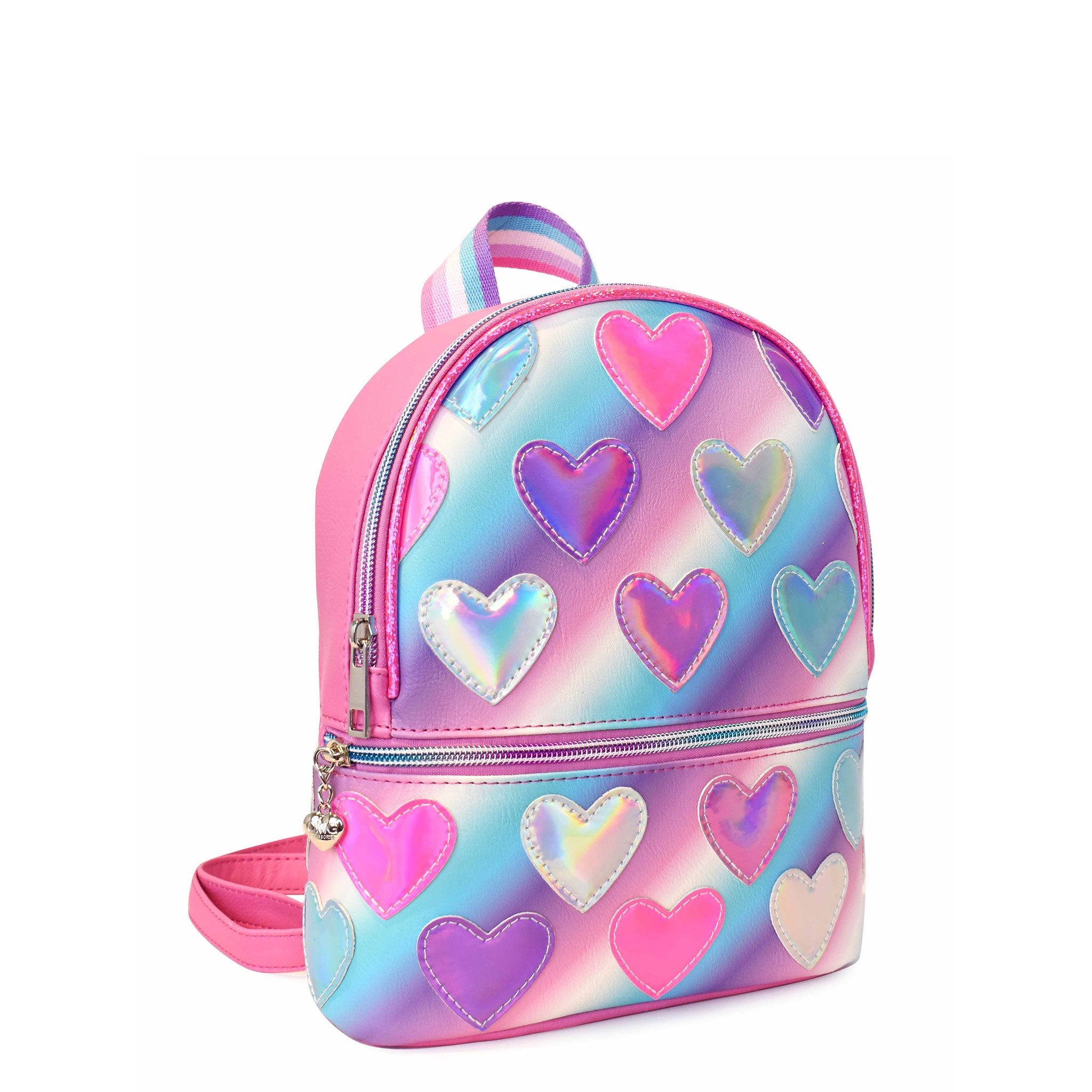Side view of a cool toned pastel ombre mini backpack with metallic heart patches