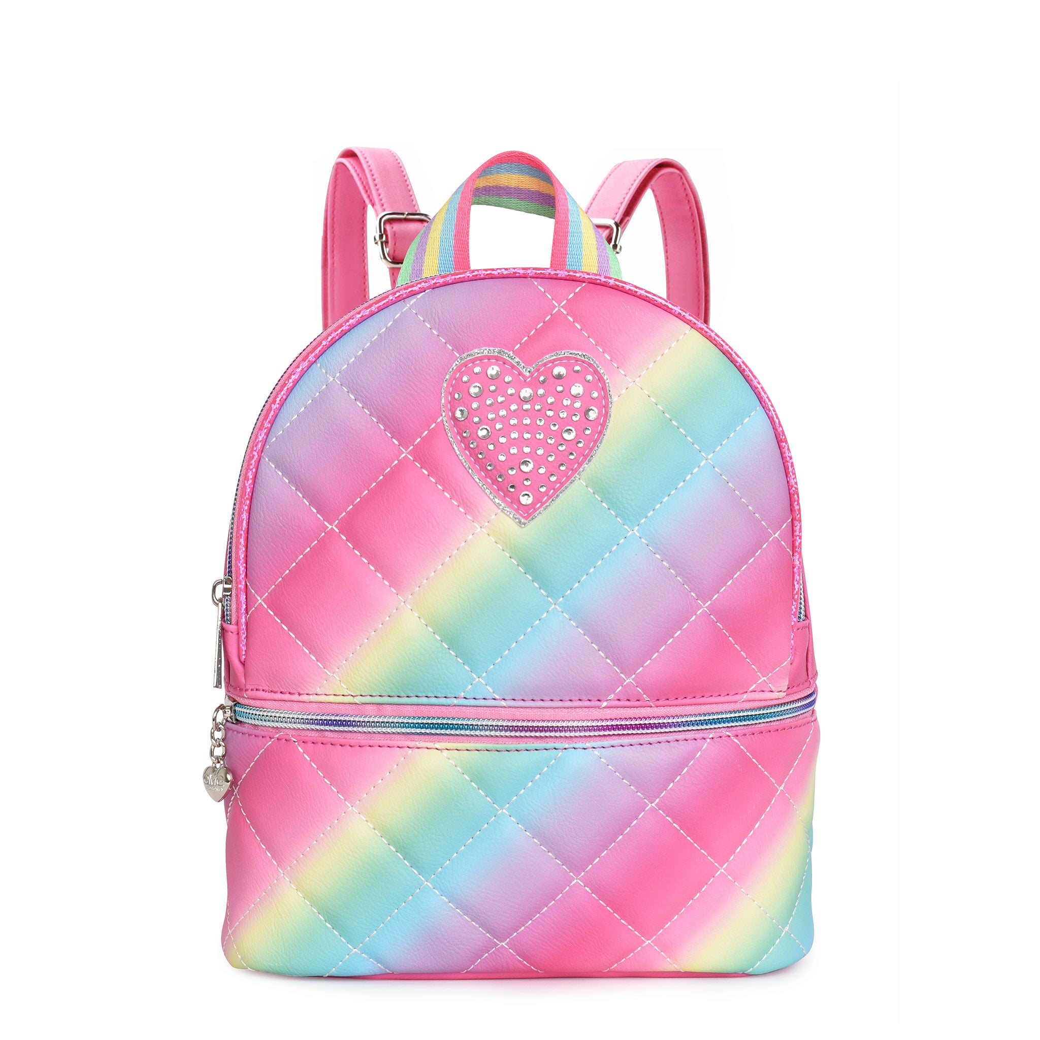 Front view of a rainbow ombre quilted mini backpack with a rhinestone heart appliqué 