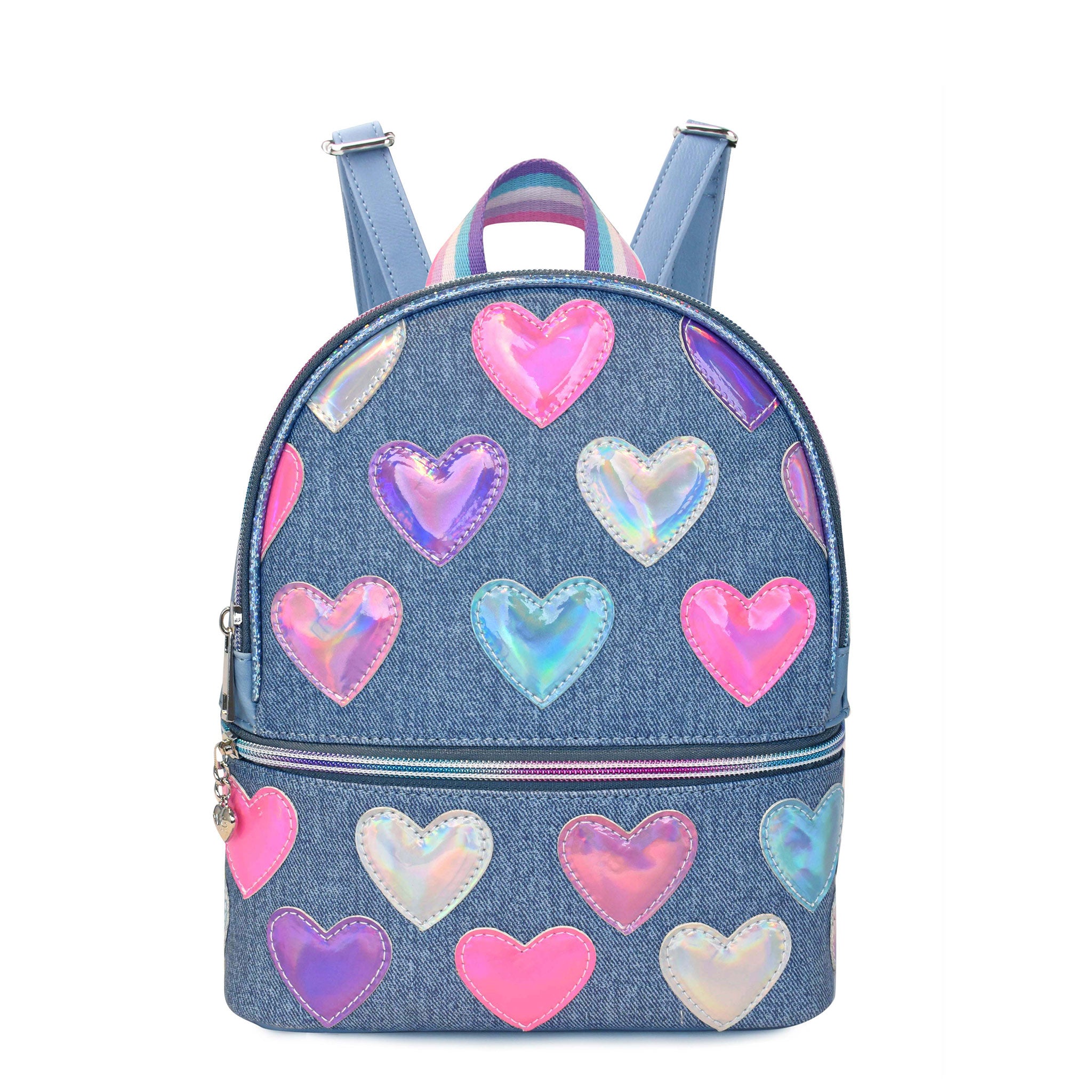 Front view of a denim mini backpack with metallic heart patches