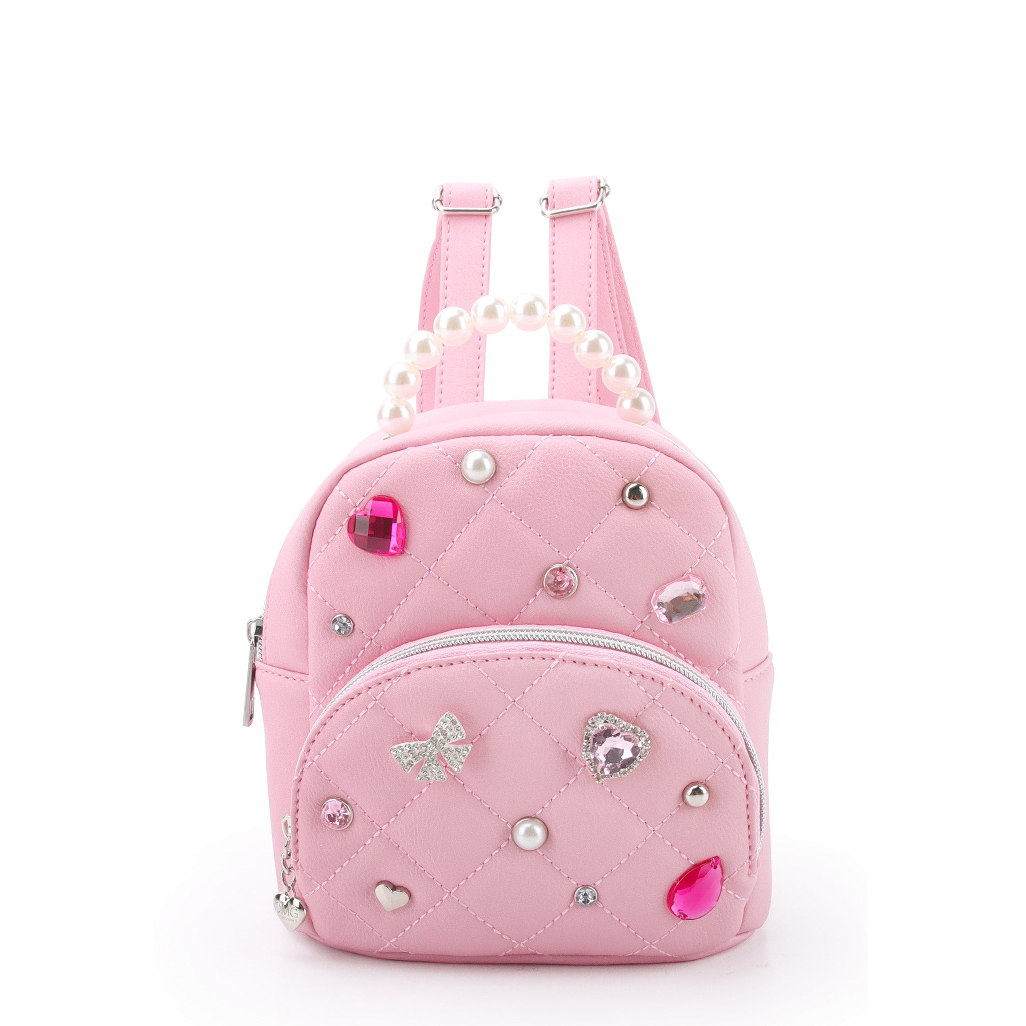 front view of a pink quilted micro mini backpack with bow, heart, & pearl gems. topped with a pearl beaded top handle