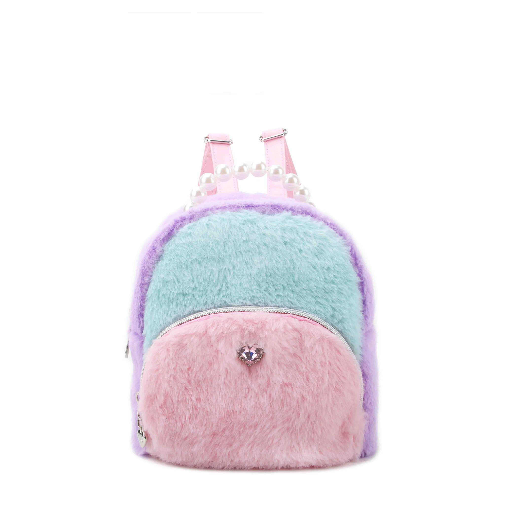color blocked plush micro mini backpack with a pearl top handle