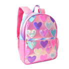 Side view of a metallic heart-patched large backpack