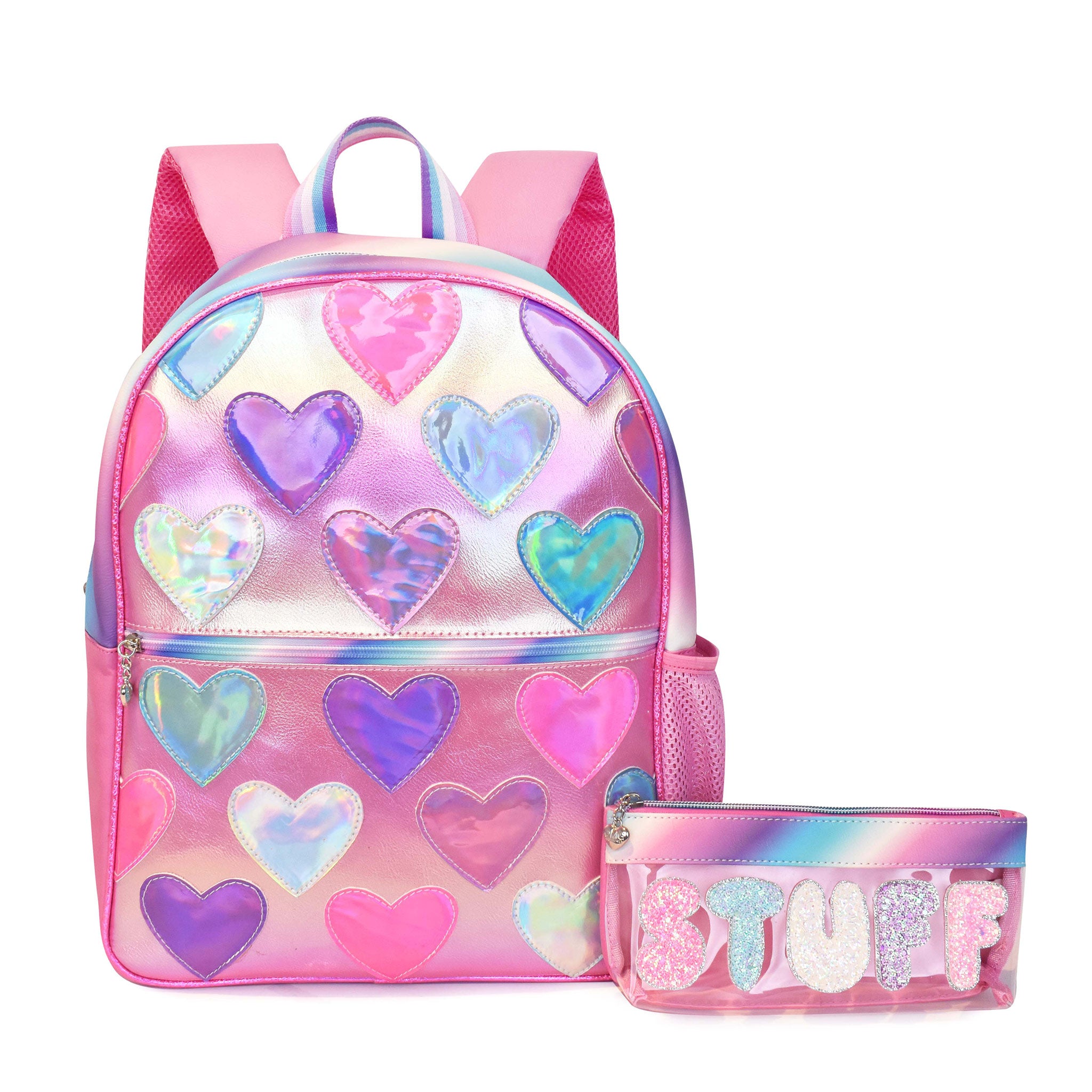 Front view of a metallic heart-patched large backpack with a clear pencil case with glitter bubble letters 'STUFF' 