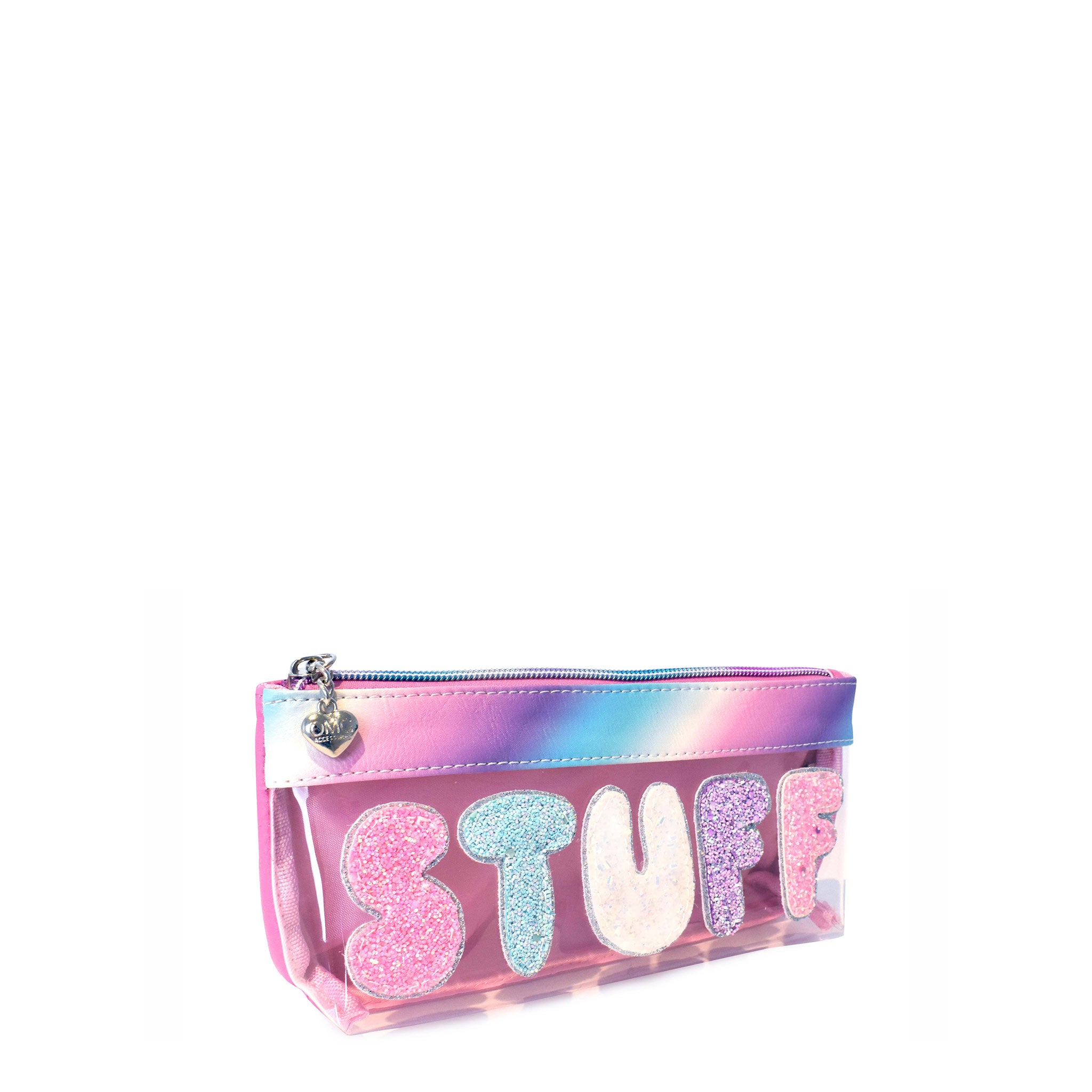 Side  view of a clear pencil pouch with glitter bubble letters 'STUFF' applique