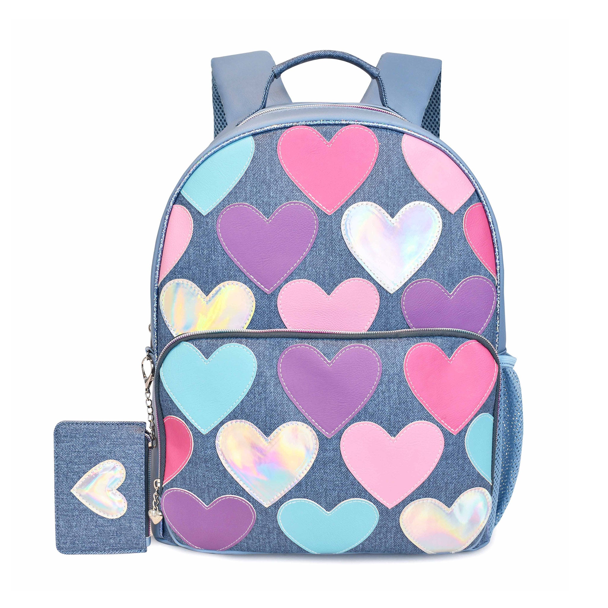 Front view of a denim large backpack covered in heart patches with a matching coin purse