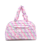 front facing view of a quilted nylon heart print medium sized duffle bag with front zipper pocket and beaded/crystal heart zipper charm