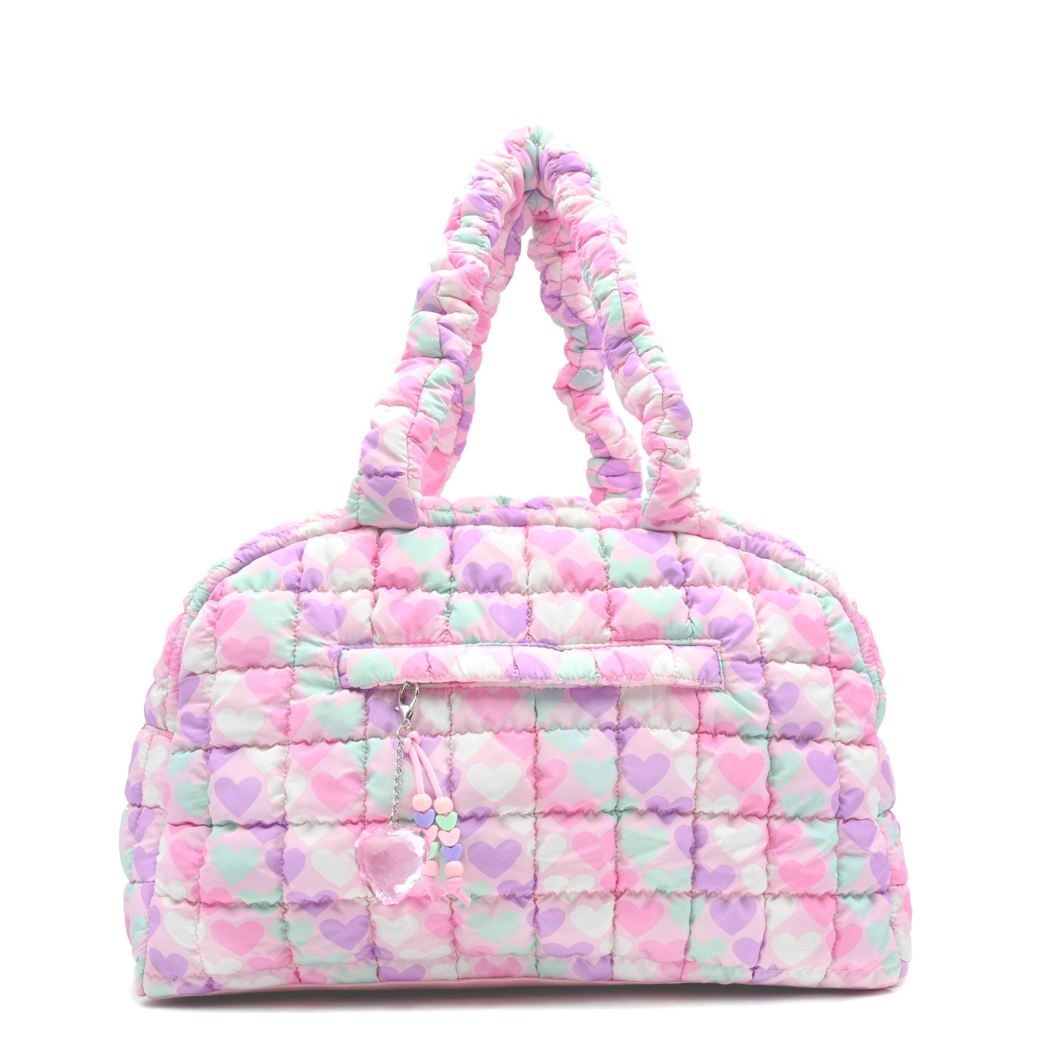 front facing view of a quilted nylon heart print medium sized duffle bag with front zipper pocket and beaded/crystal heart zipper charm