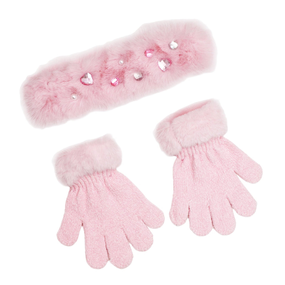 A pink knit and faux-fur accessory set on a white background, including a rectangular headband with rhinestone embellishments and a pair of knit gloves with fluffy trim.