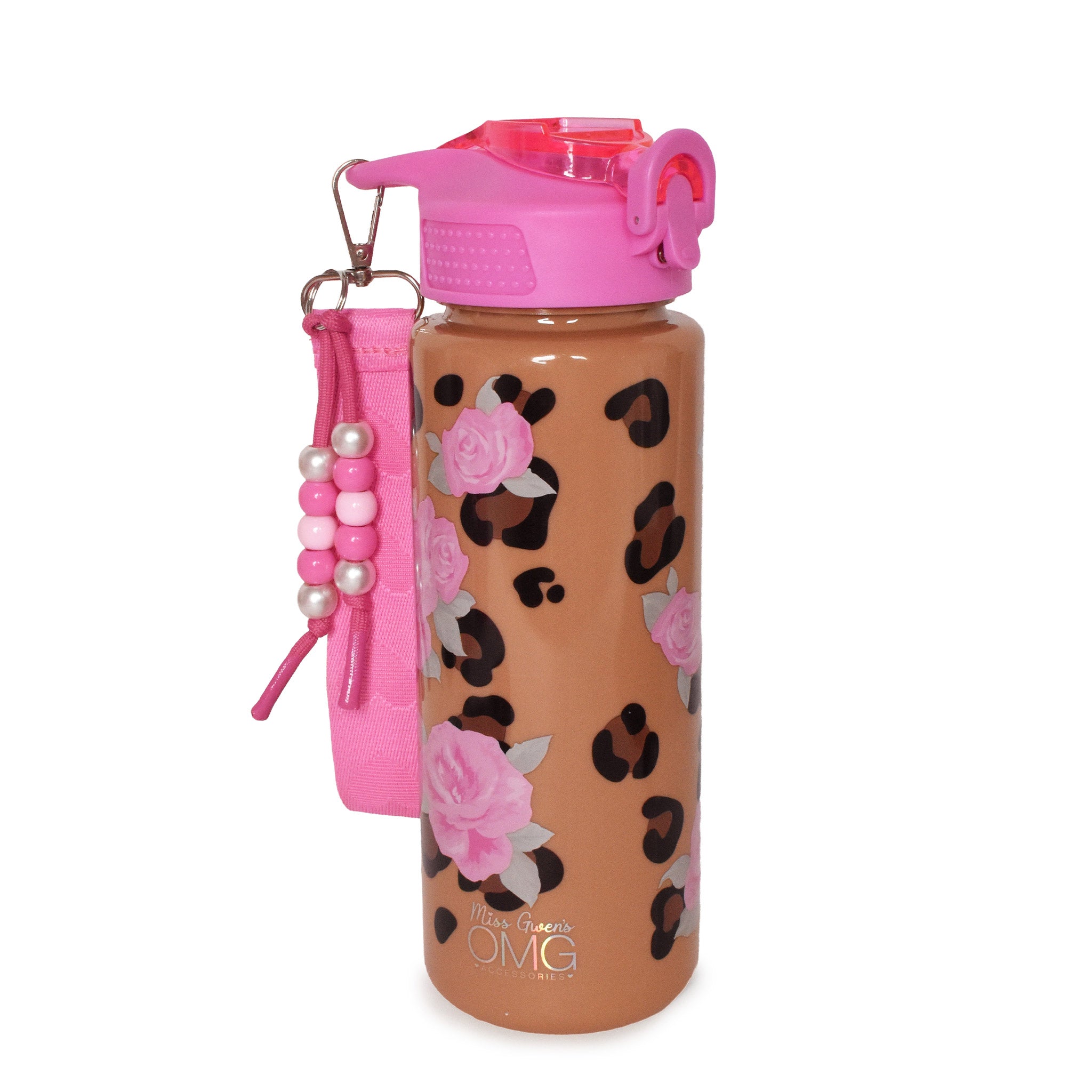Bottle with pink lid and strap, featuring leopard print and pink rose design