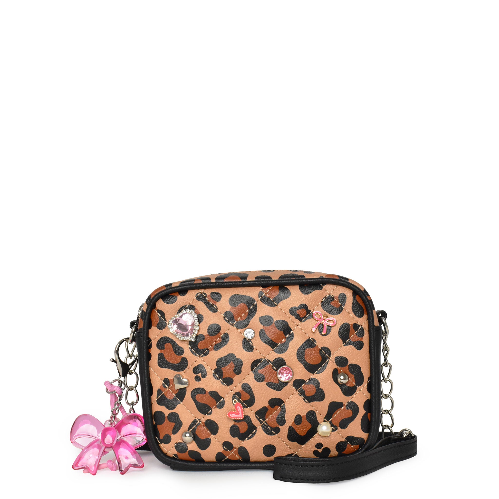 Leopard print handbag with embellishments with a bow charm