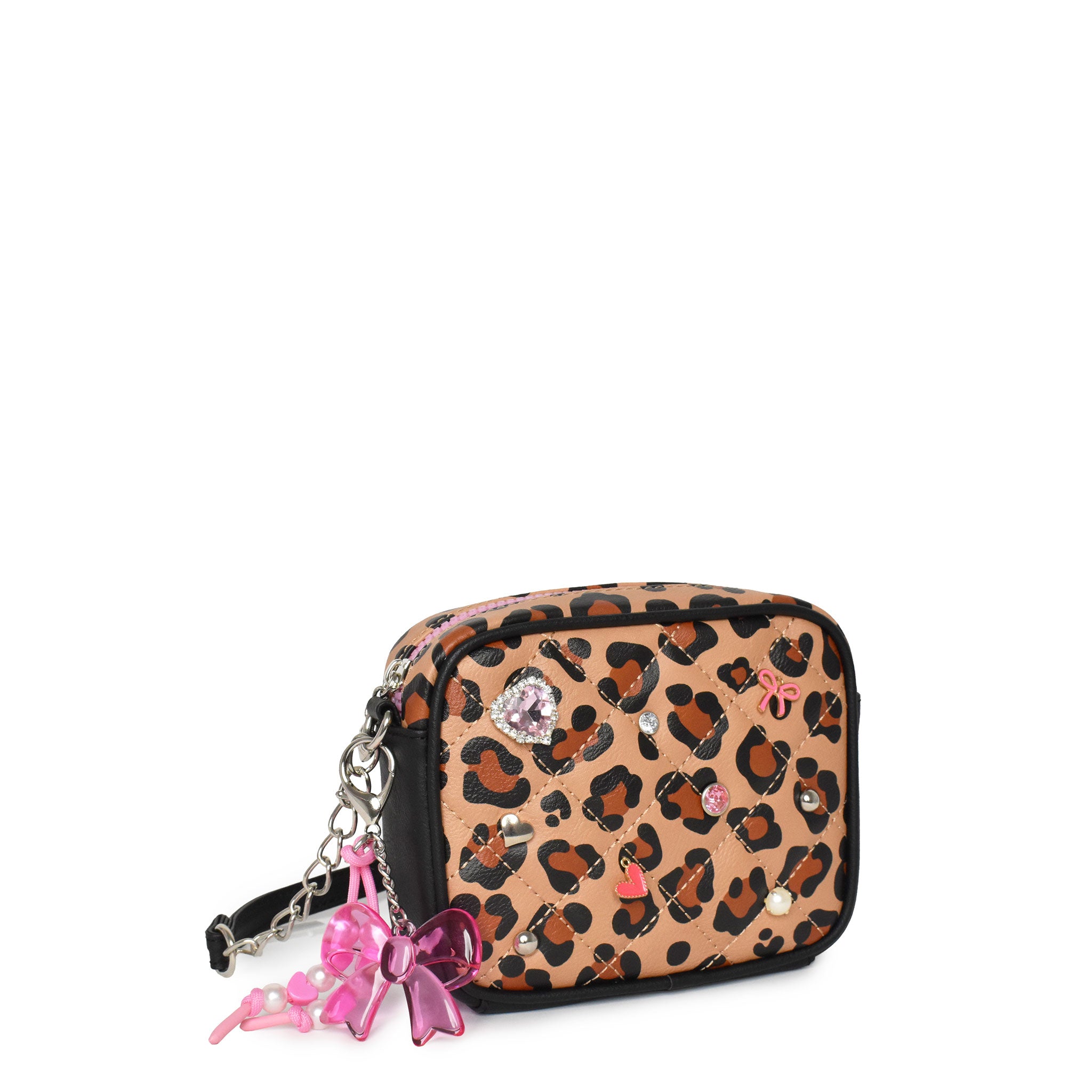 Leopard print handbag with embellishments with a bow charm