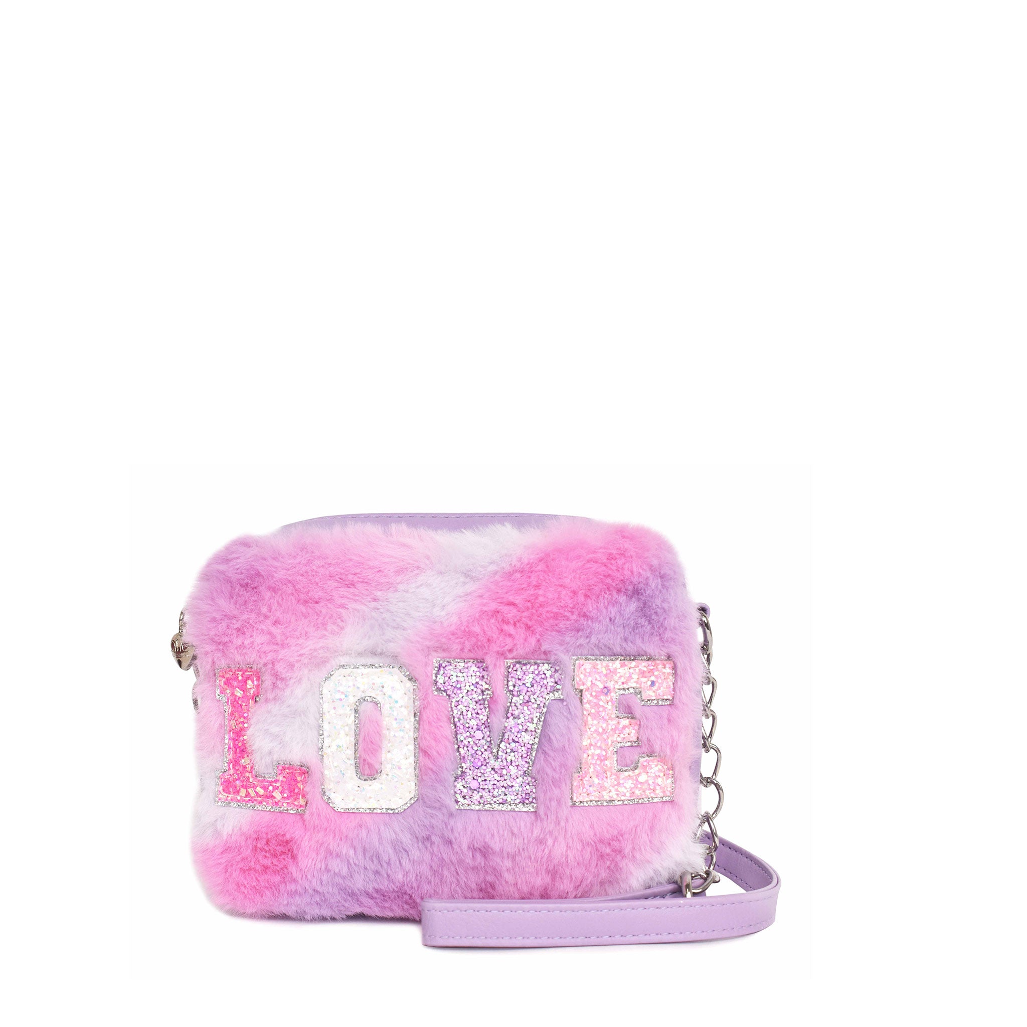 Front view of an ombre plush crossbody bag with varsity letters 'LOVE' appliqué