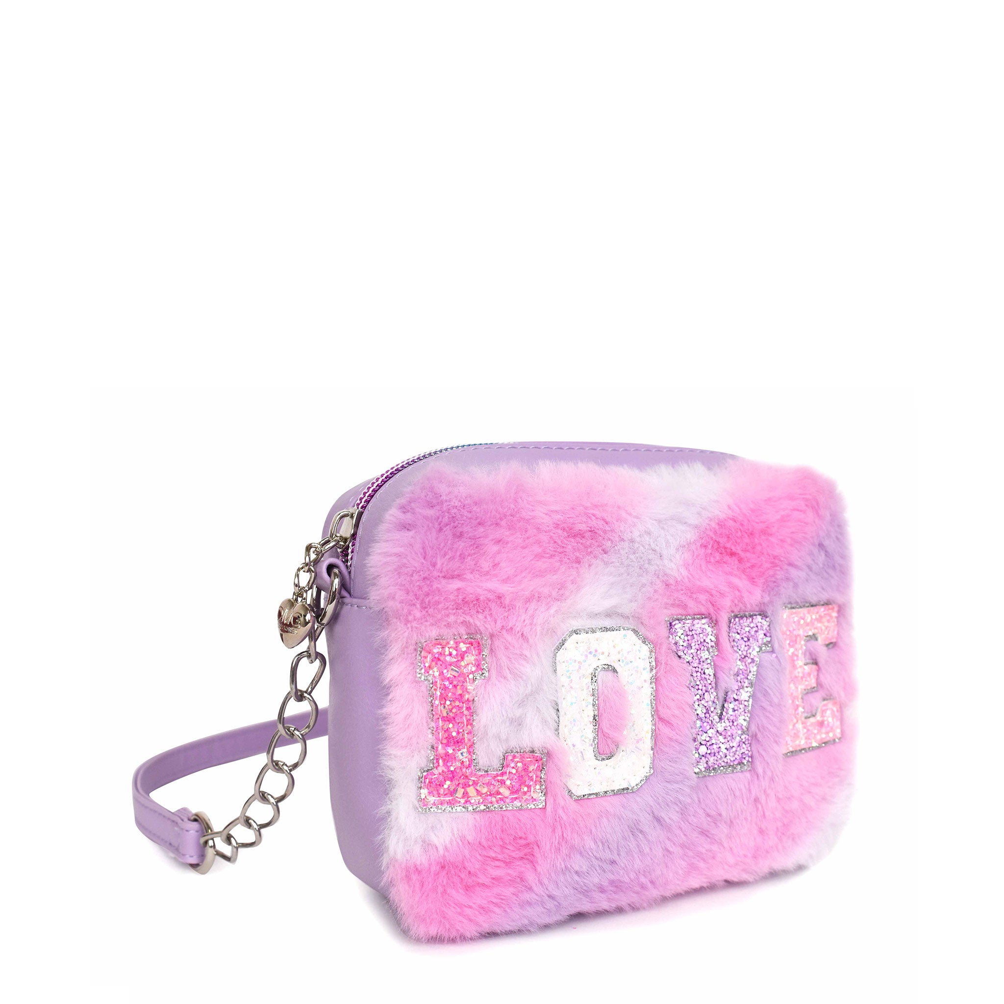 Side  view of an ombre plush crossbody bag with varsity letters 'LOVE' appliqué