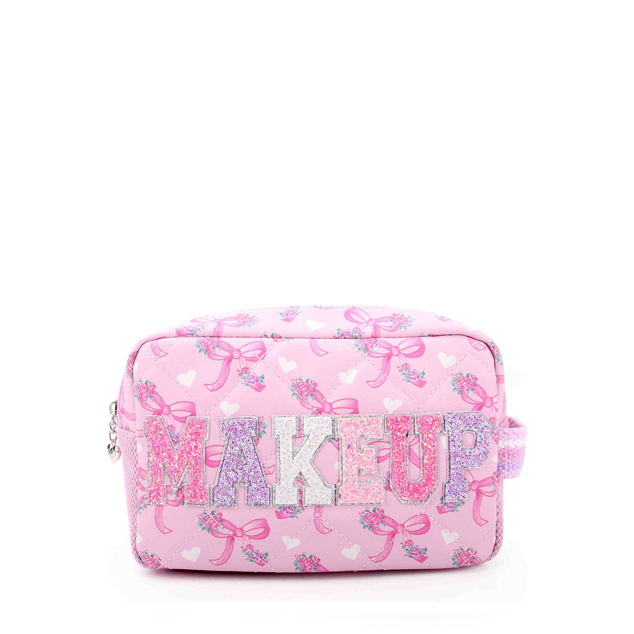 Pink floral bow print makeup bag with 'MAKEUP' text and bow designs on a white background