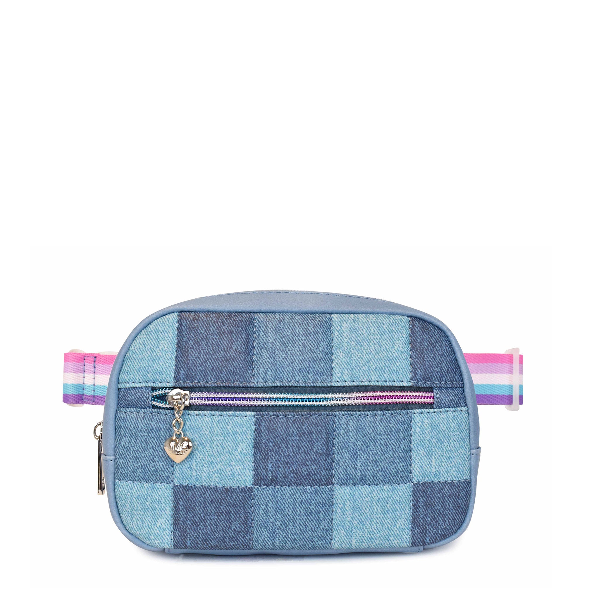 Front View of a Rectangular Denim Checkerboard Belt Bag with adjustable strap