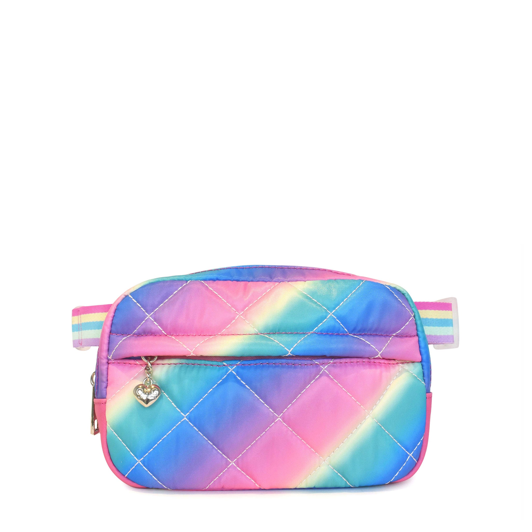 Front view of a rainbow ombre quilted fanny pack