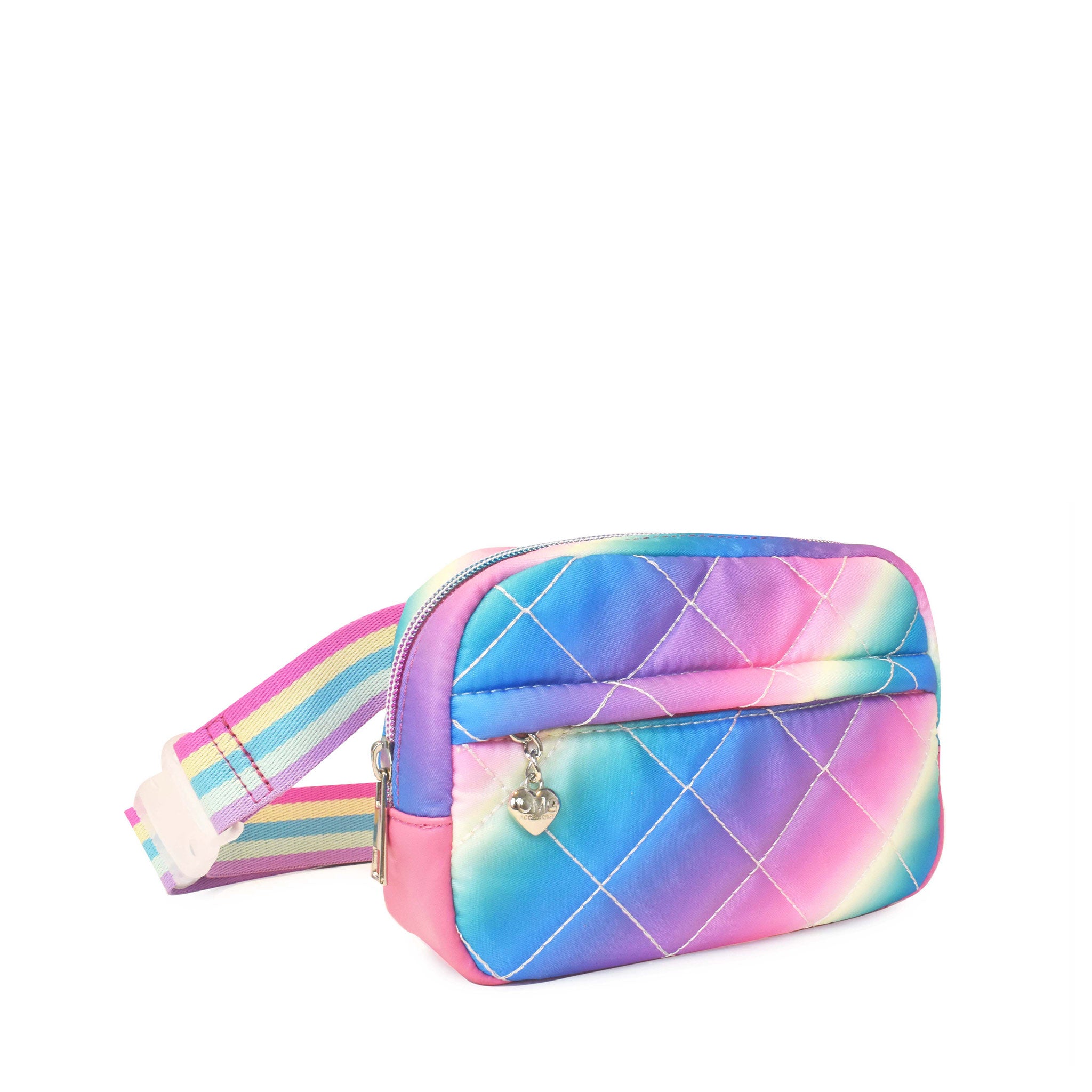 Side view of a rainbow ombre quilted fanny pack
