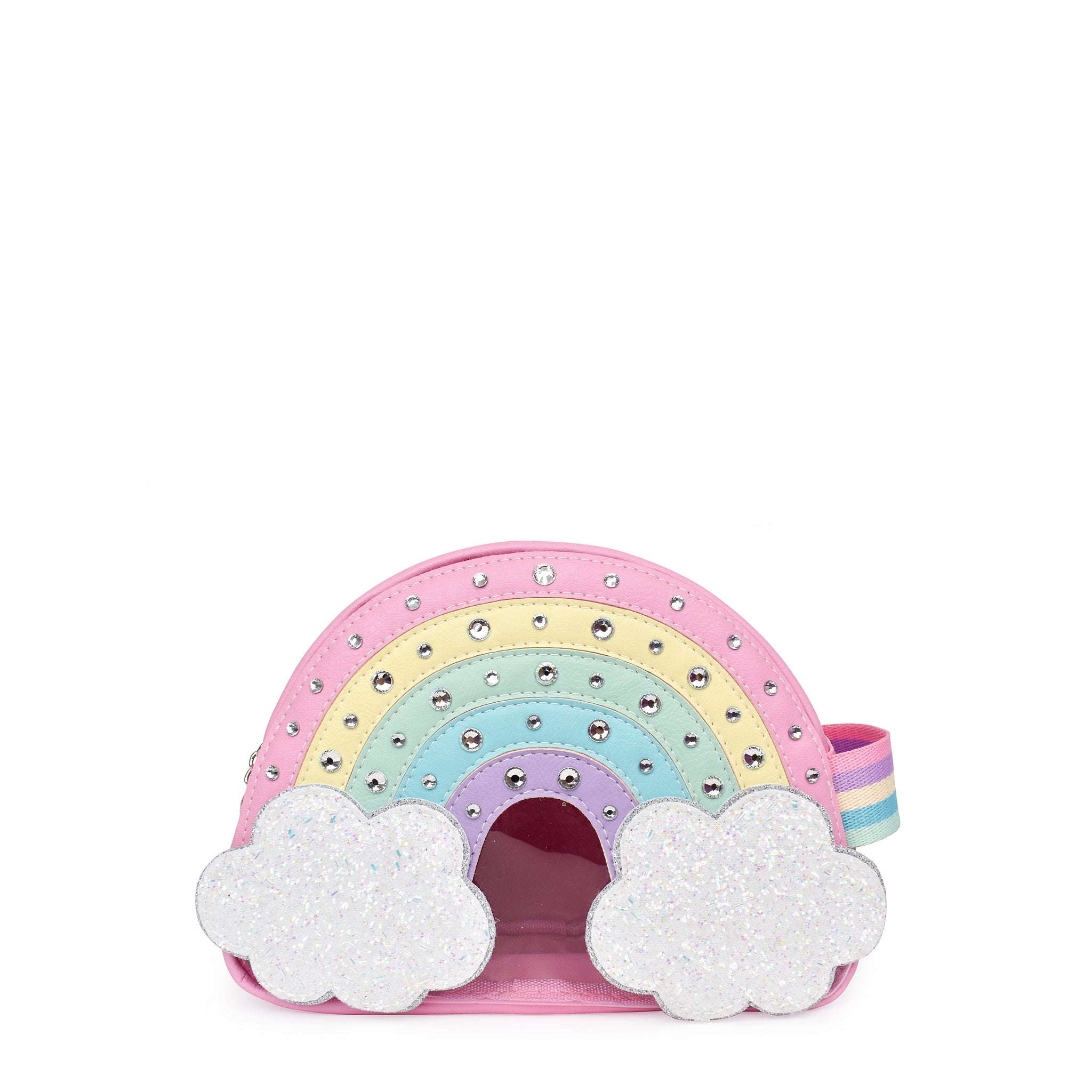 Front view of rainbow shaped chear pouch embellished with rhinestones