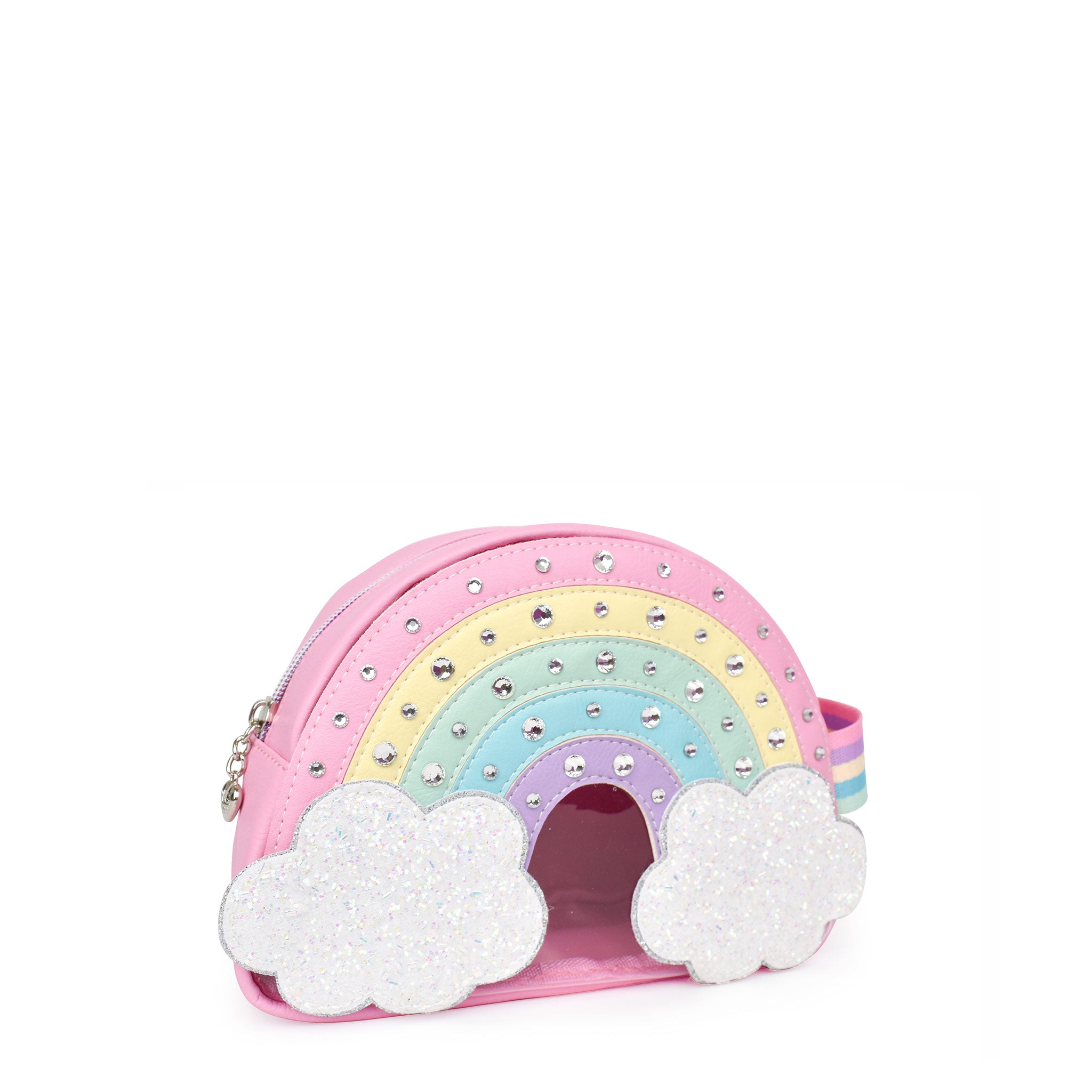 Side  view of rainbow shaped chear pouch embellished with rhinestones