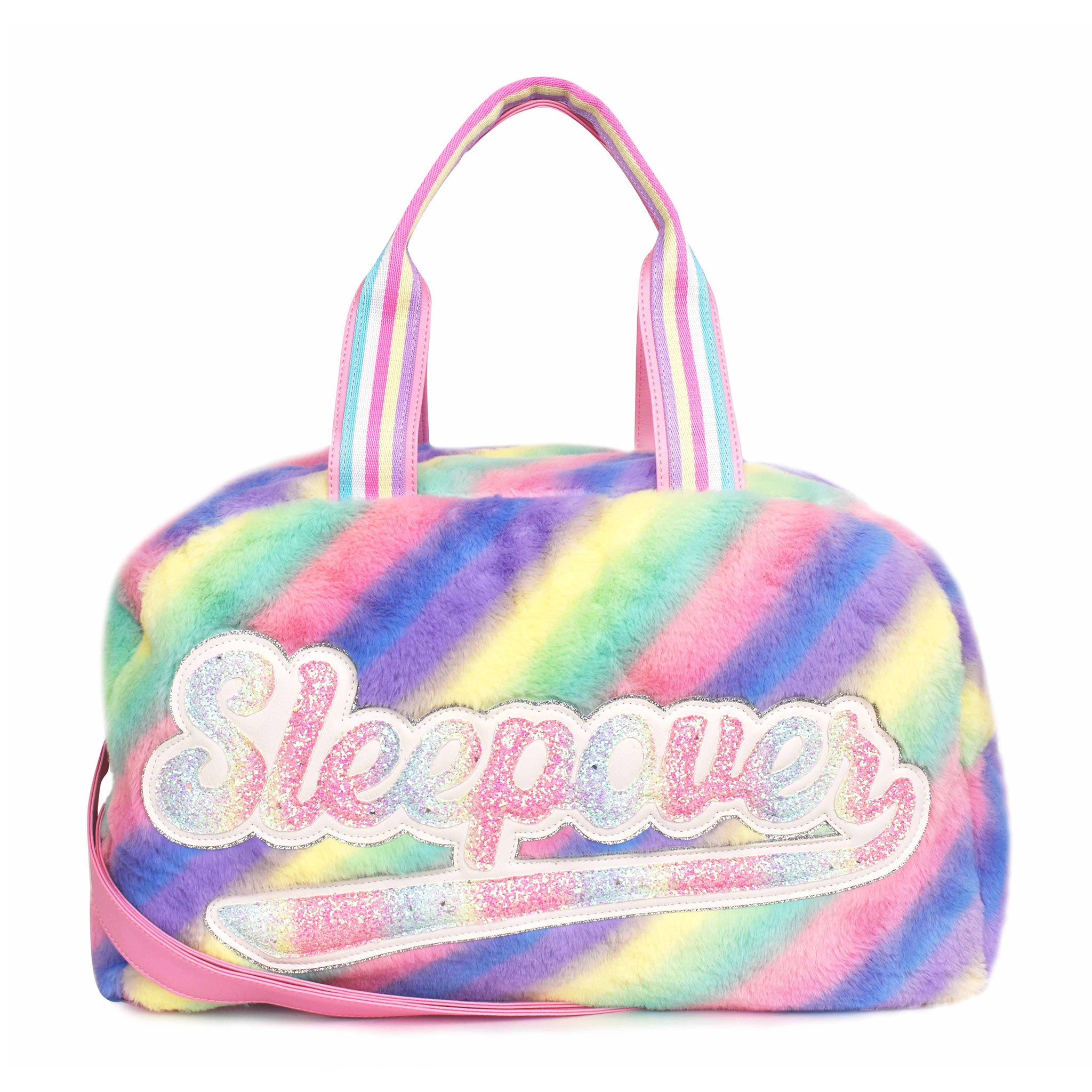 Front view of a rainbow ombre striped plush large duffle with script varsity letters 'SLEEPOVER'  