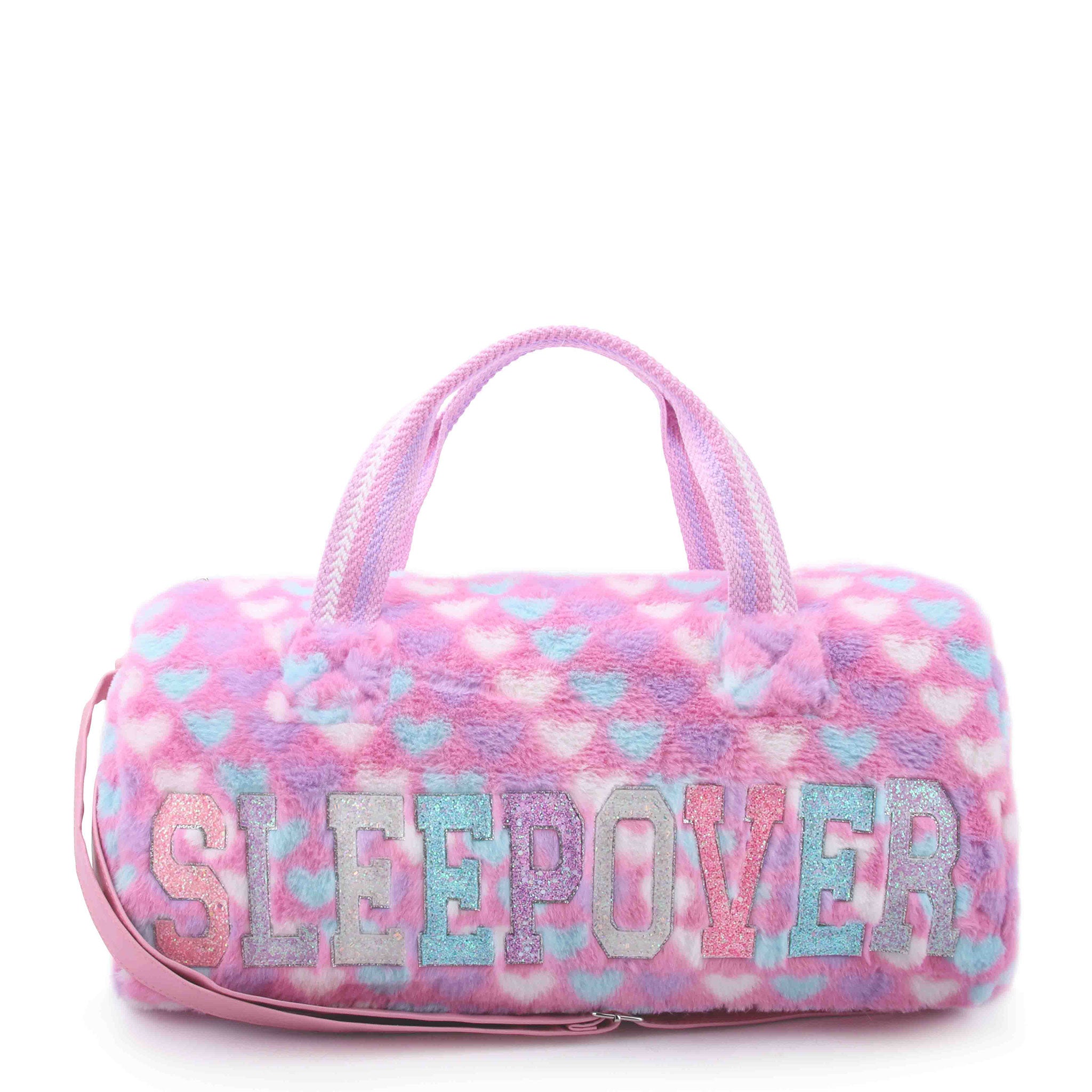 magenta plush heart printed 'SLEEPOVER' large duffle bag