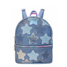 Front view of a denim mini backpack covered in metallic & denim star patch appliqués