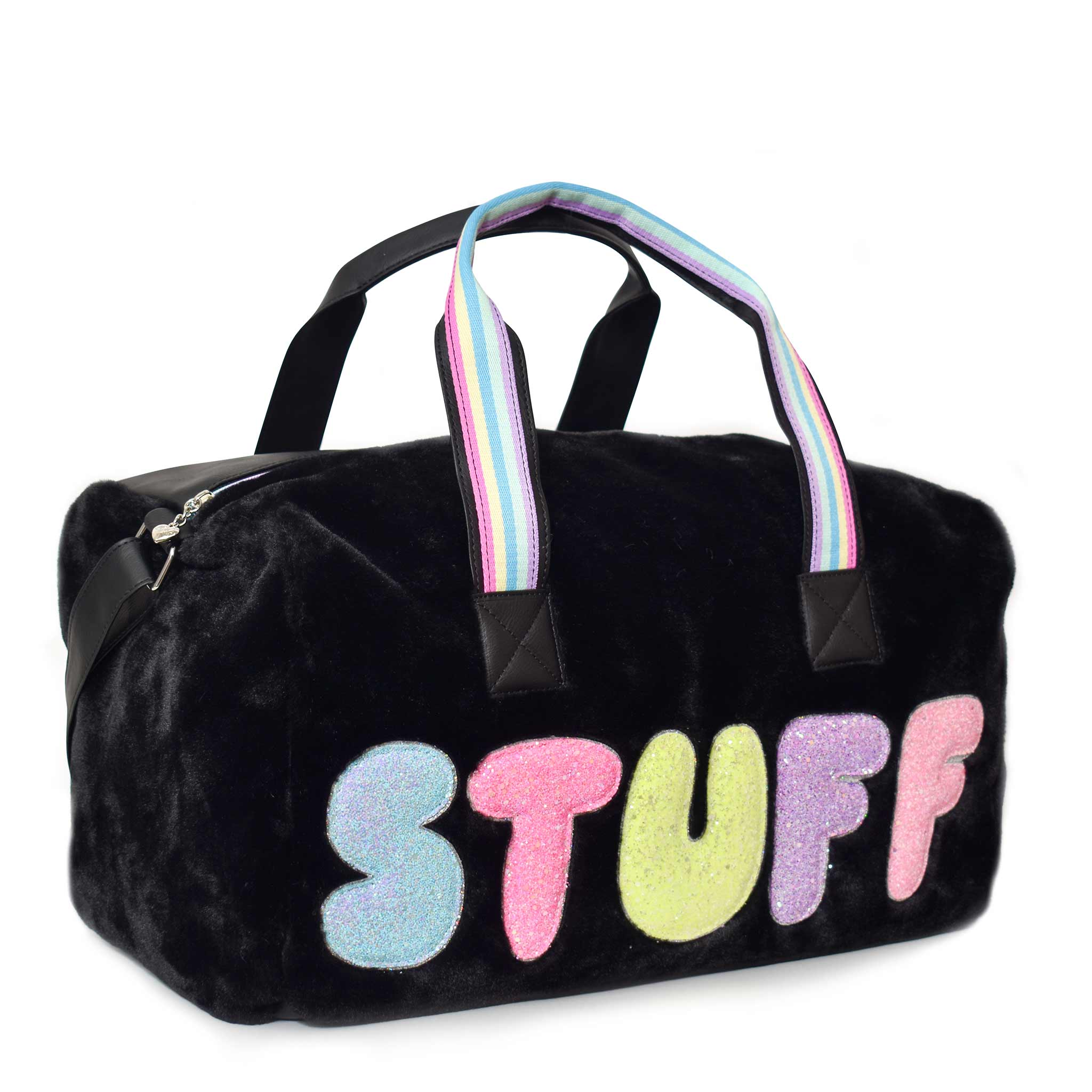 Side view of black plush large 'Stuff' duffle with glitter bubble-letter patches