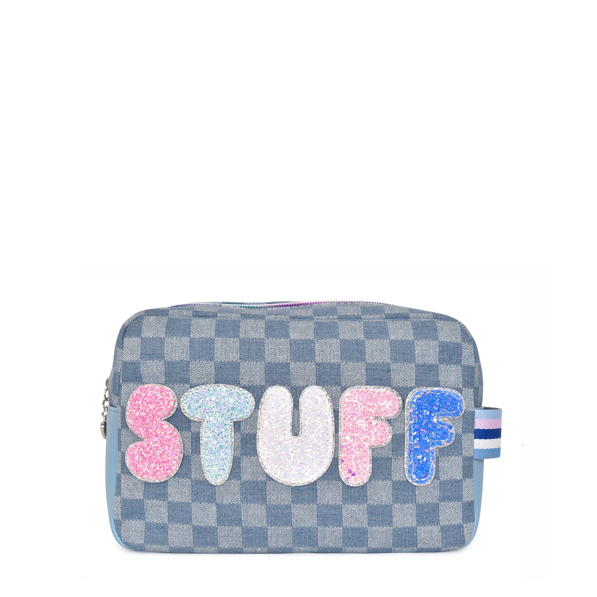 Front view of a denim checkerboard pouch with glitter bubble letters 'STUFF' appliqué 