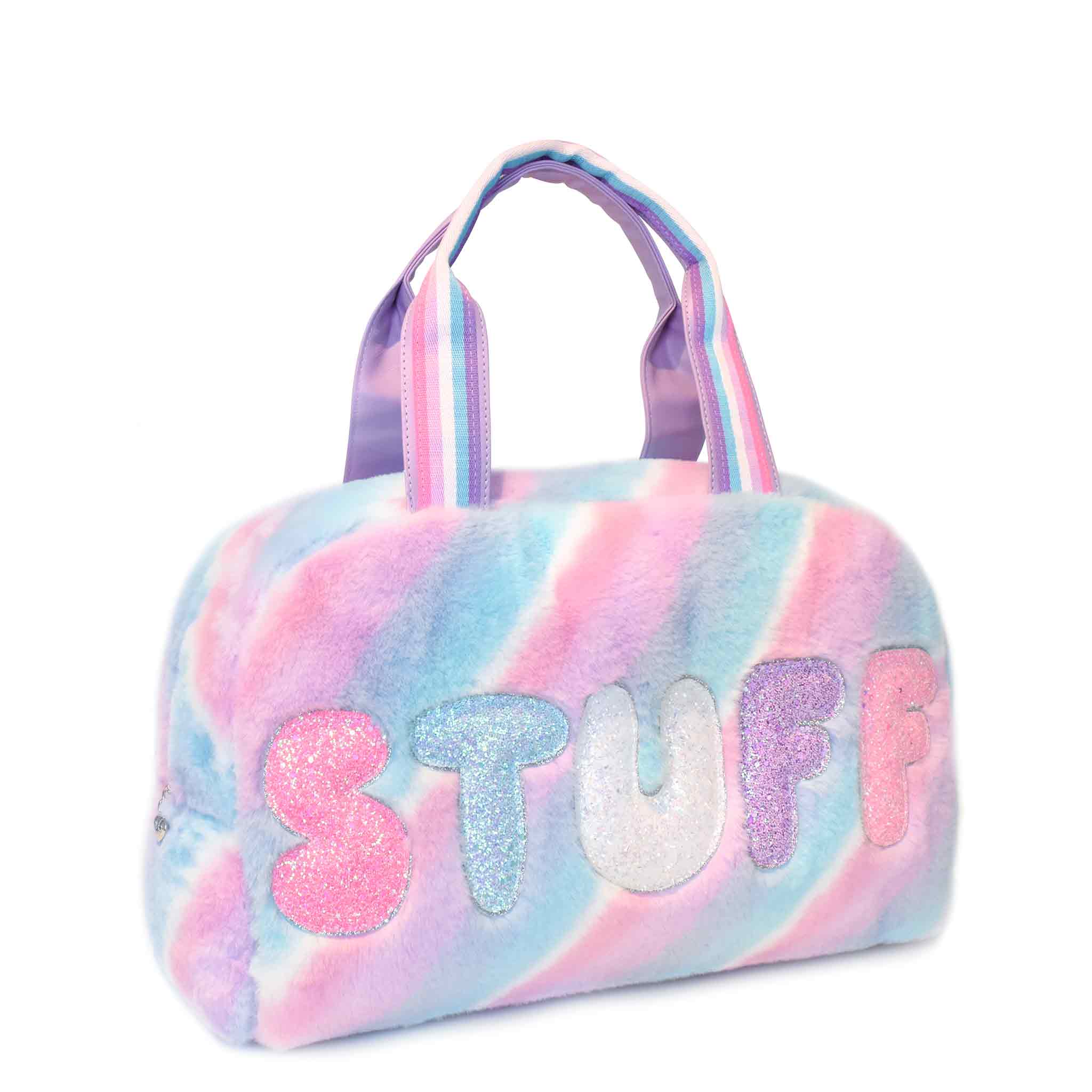 Side View of a Pastel Blue Pink and Purple Striped Duffle with "Stuff" Glitter Letters