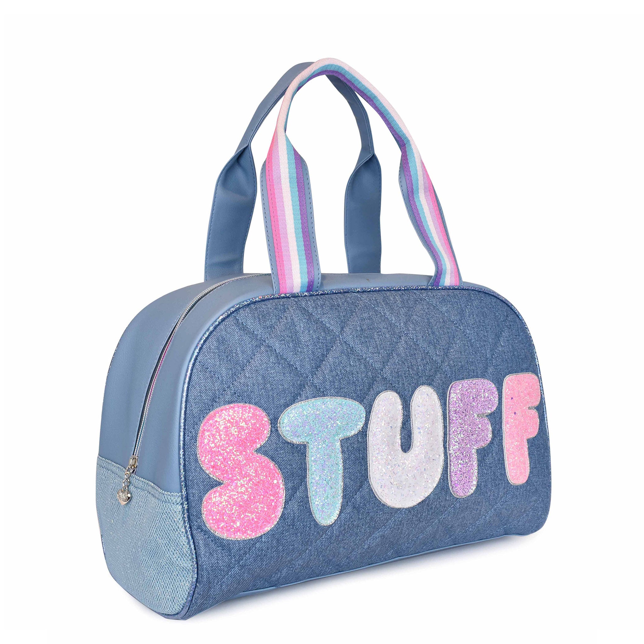 Side view of a denim quilted medium duffle bag with glitter bubble letters 'STUFF'
