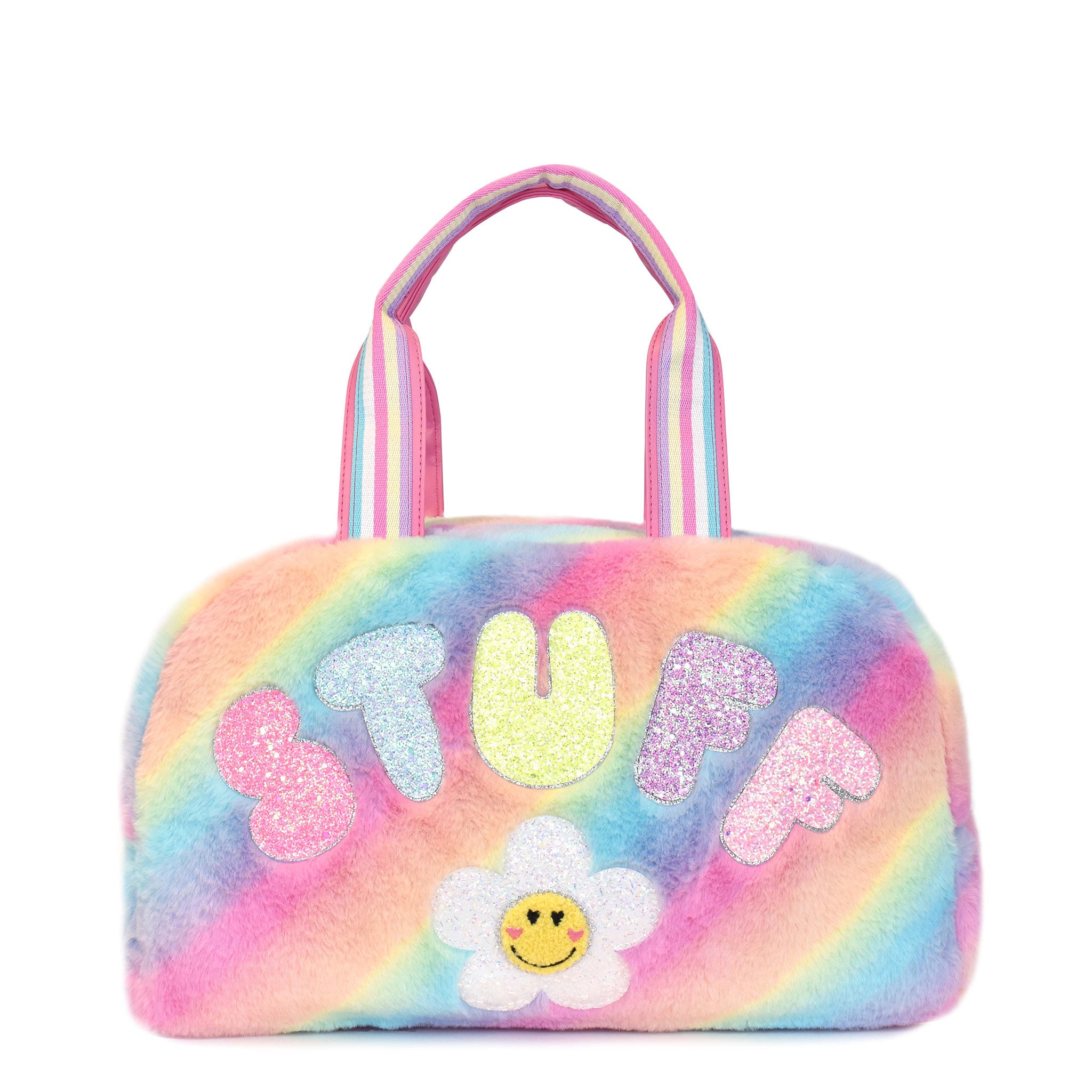 Front view of a rainbow ombre plush medium duffle bag with glitter bubble letters 'Stuff' and a daisy patch applique