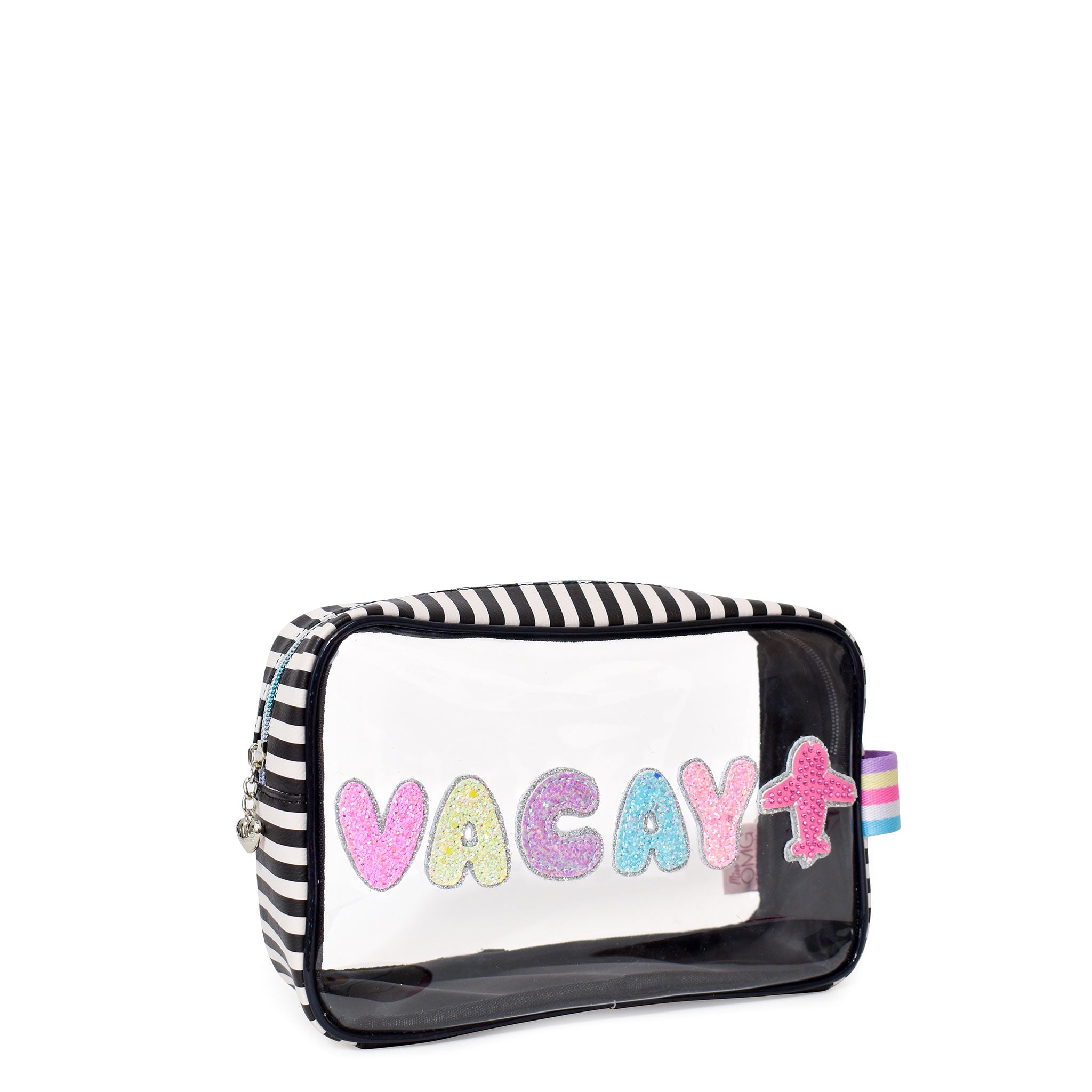 Side view of black-and-white striped 'Vacay' pouch with glitter bubble-letter patches and rhinestone airplane patch