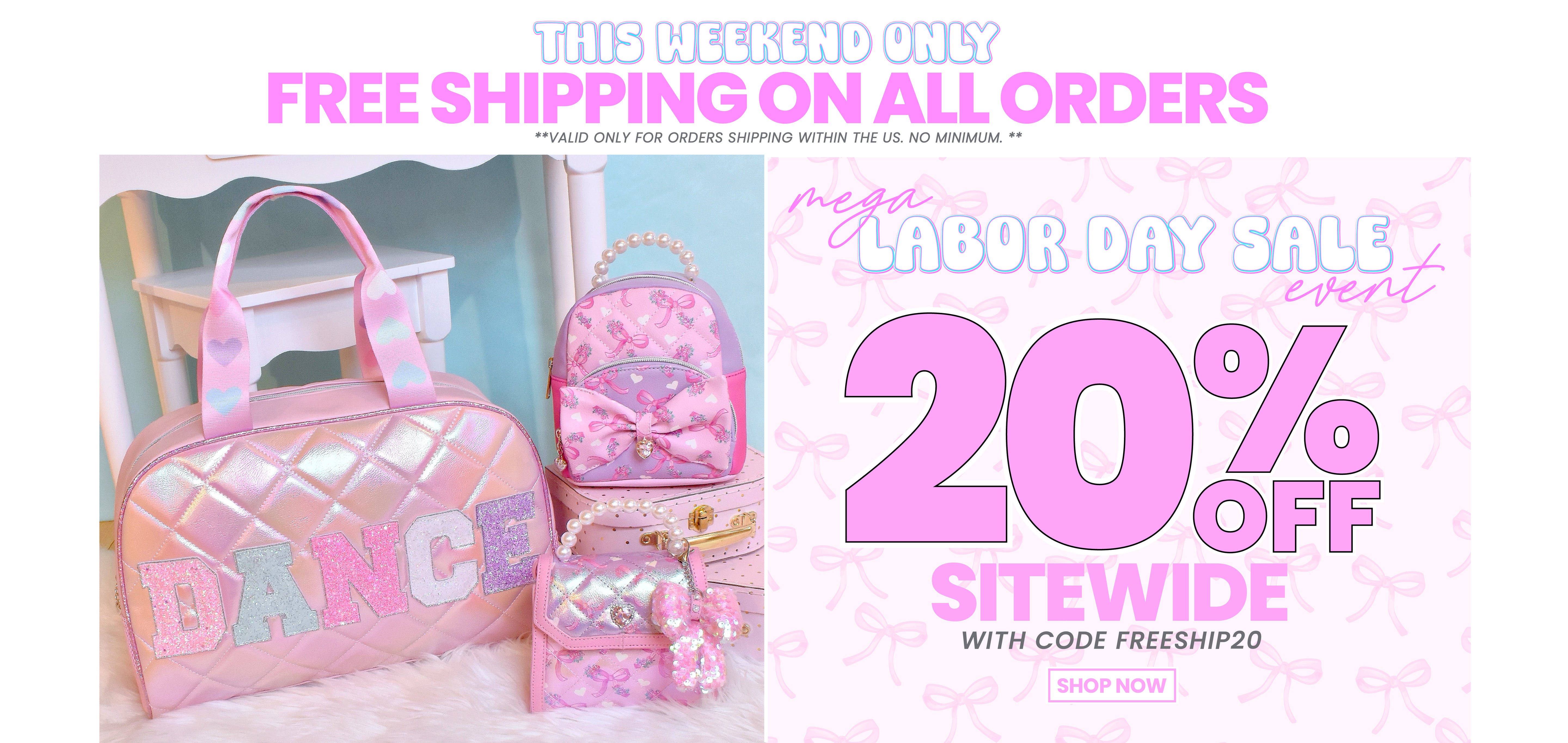 Promotional 20% off banner for a Labor Day sale with pink handbag and backpack, and text about free shipping on all orders with code FREESHIP20 at checkout