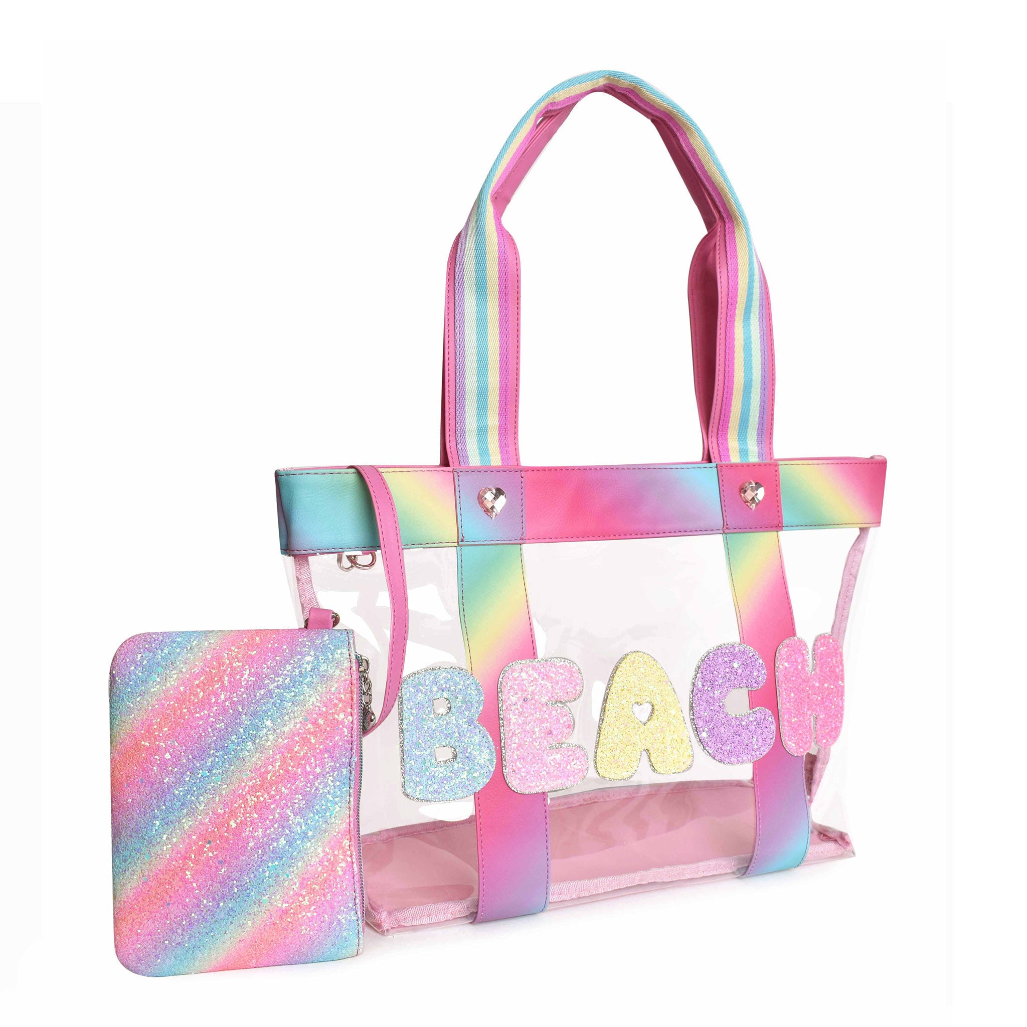 Side view of a clear beach tote with glitter bubble letters 'BEACH' and a glitter detachable pouch