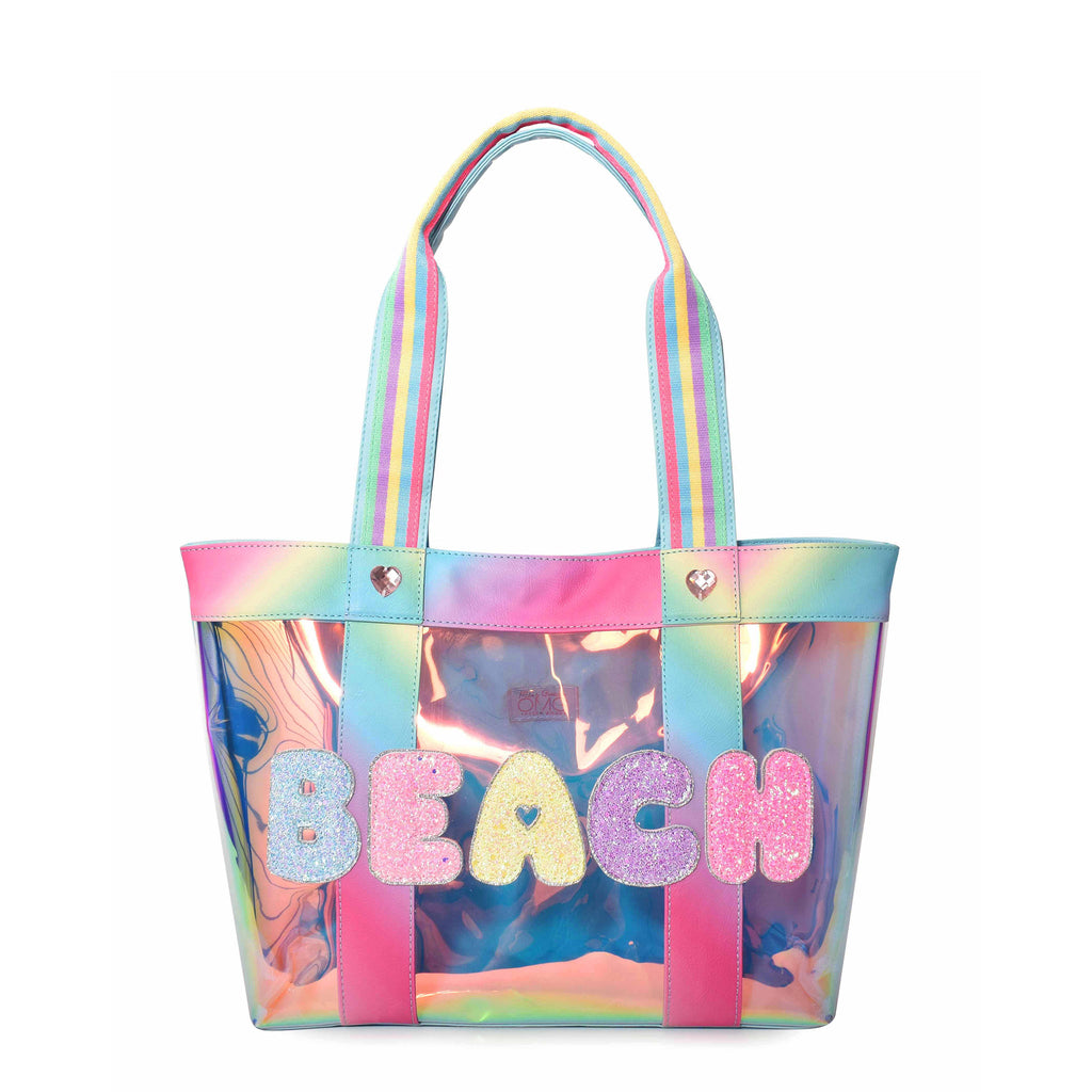 Front view of blue toned clear large beach tote embellished with glitter bubble letters 'BEACH' appliqués.
