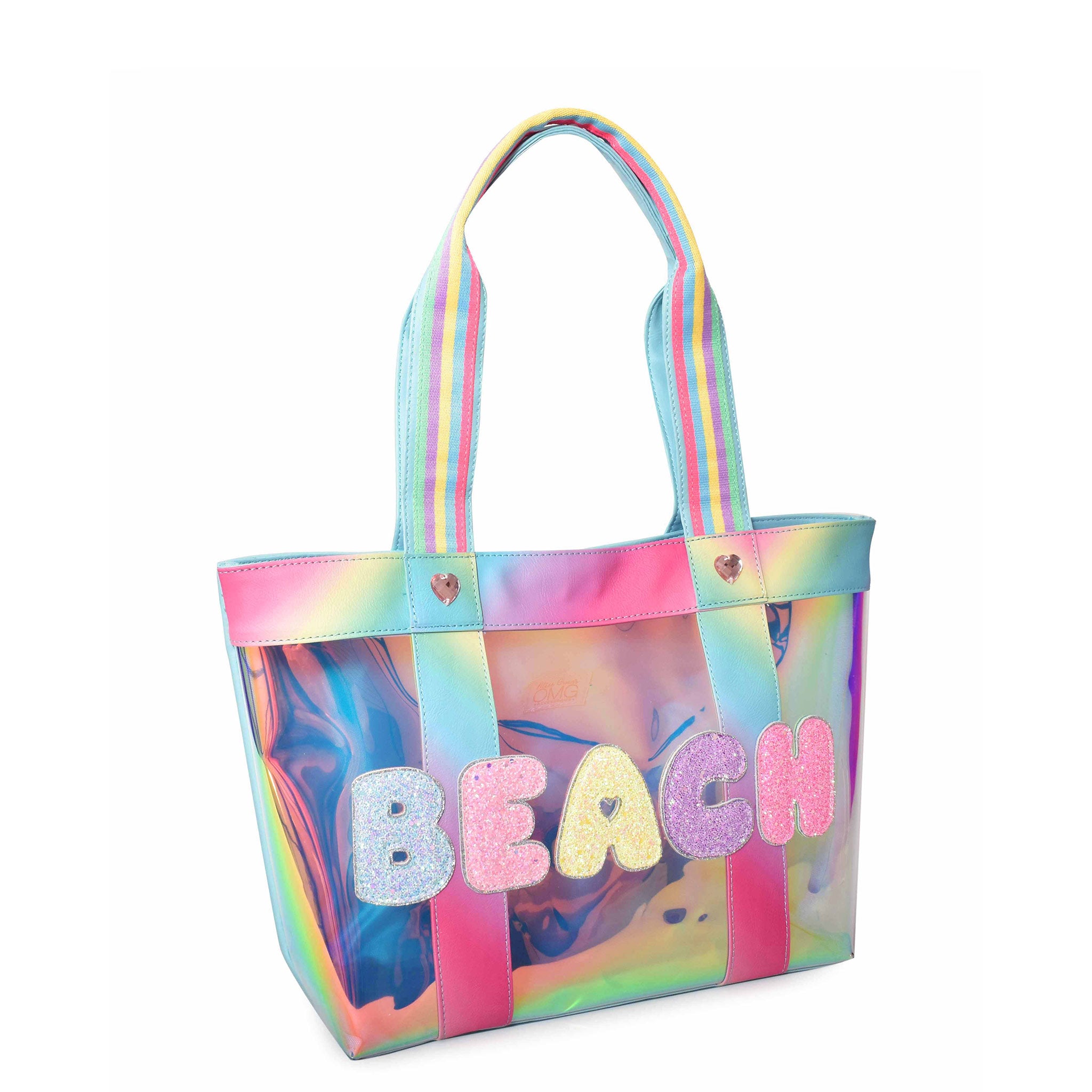 Side view of blue toned clear large beach tote embellished with glitter bubble letters 'BEACH' appliqués.