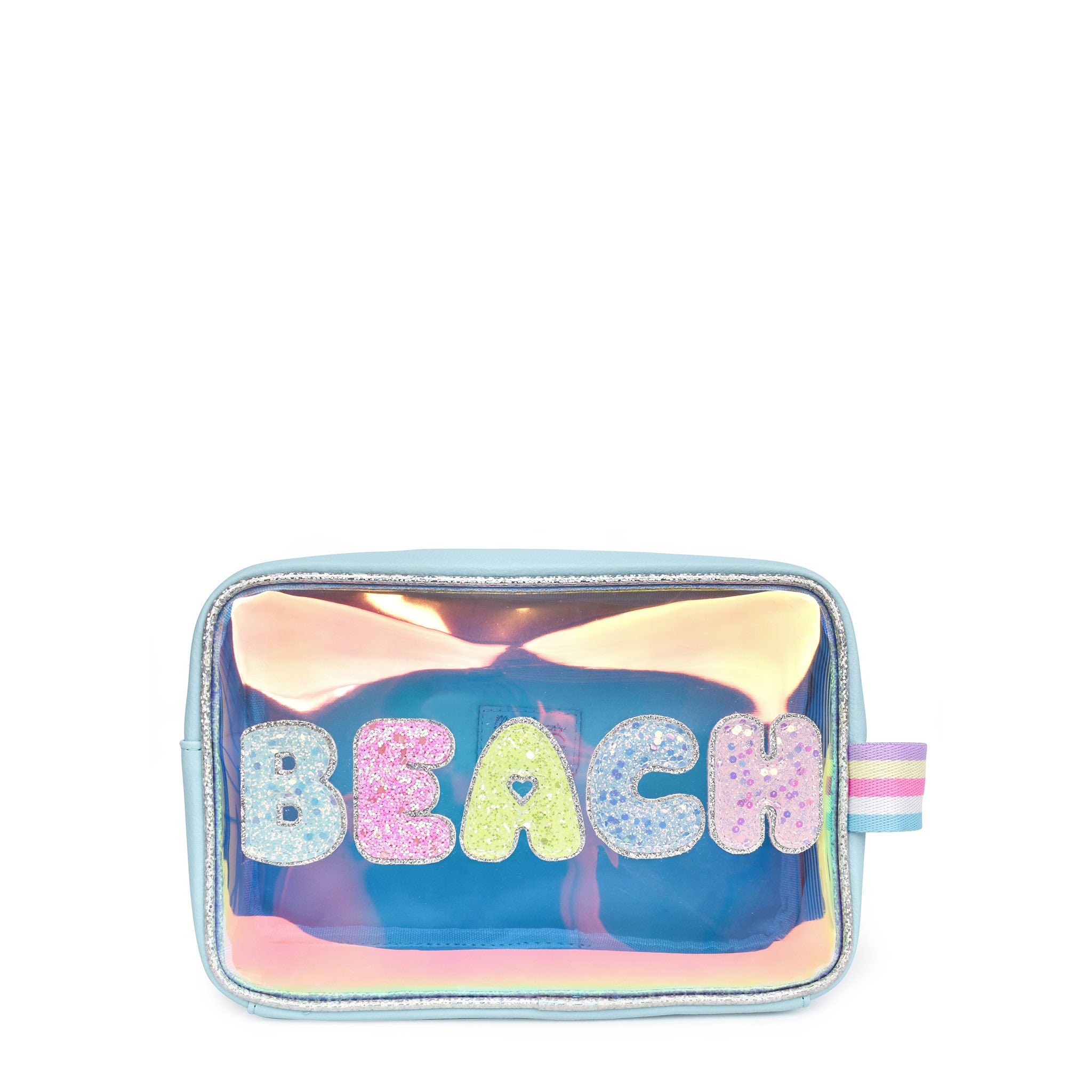 Front view of blue glazed peekaboo 'Beach' pouch with glitter bubble-letter patches