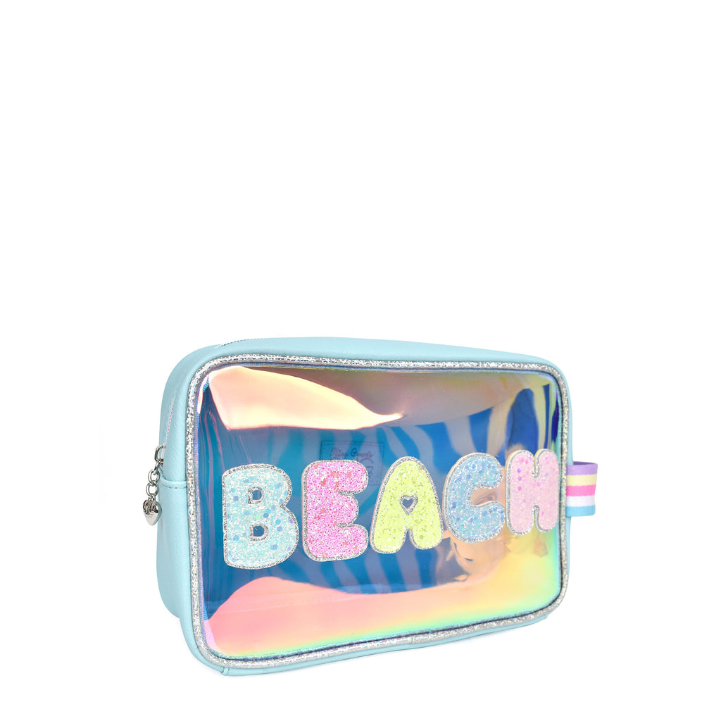 Side view of blue glazed peekaboo 'Beach' pouch with glitter bubble-letter patches