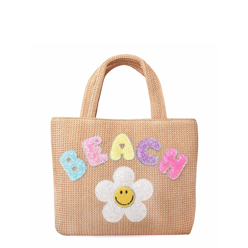Front View of a Mini Straw Beach Tote Bag with Applique 'Beach' bubble letters and glitter daisy