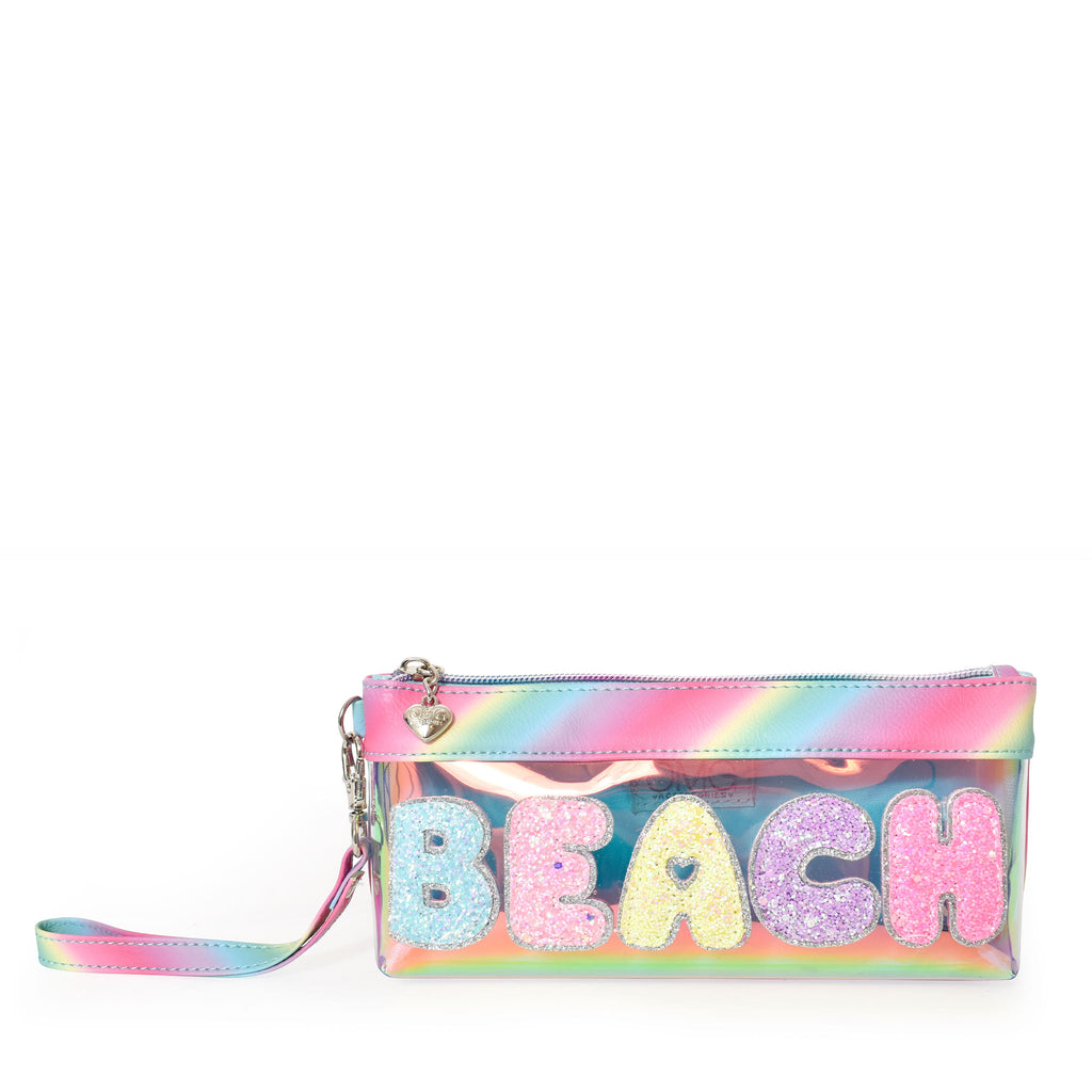Front view of blue tinted transparent pencil case with detachable wrist loop embellished with glitter bubble letter 'BEACH' appliqués
