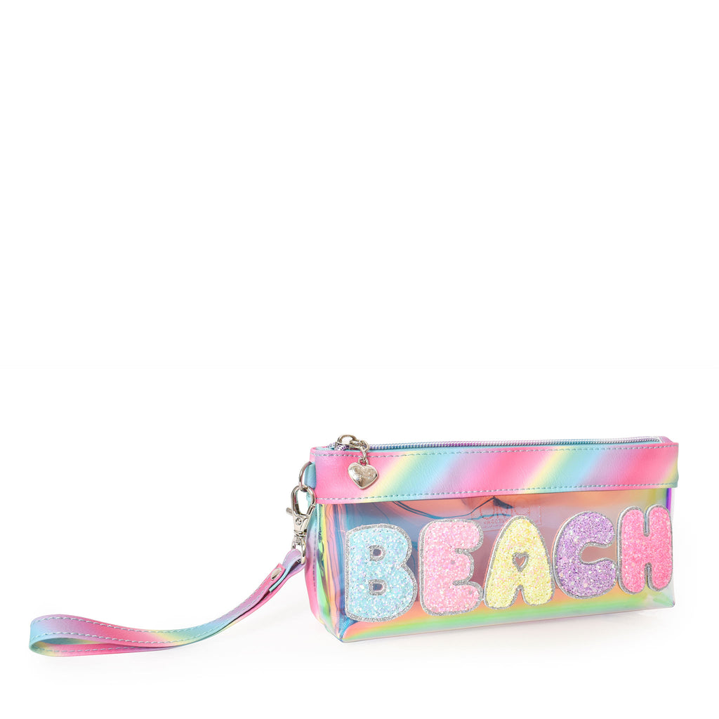 Side view of blue tinted transparent pencil case with detachable wrist loop embellished with glitter bubble letter 'BEACH' appliqués